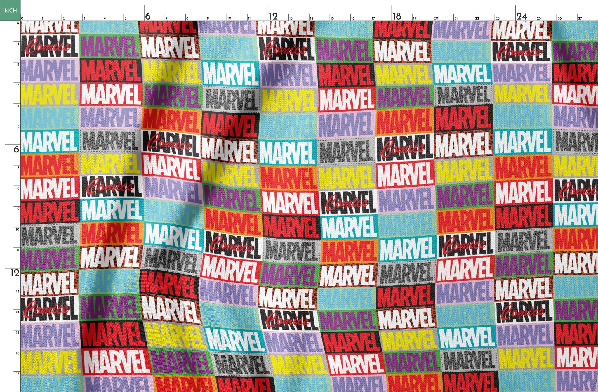 Colorful grid pattern of Marvel logos in various colors including red, blue, yellow, teal, purple, and gray against contrasting backgrounds springs fatquarter mockup