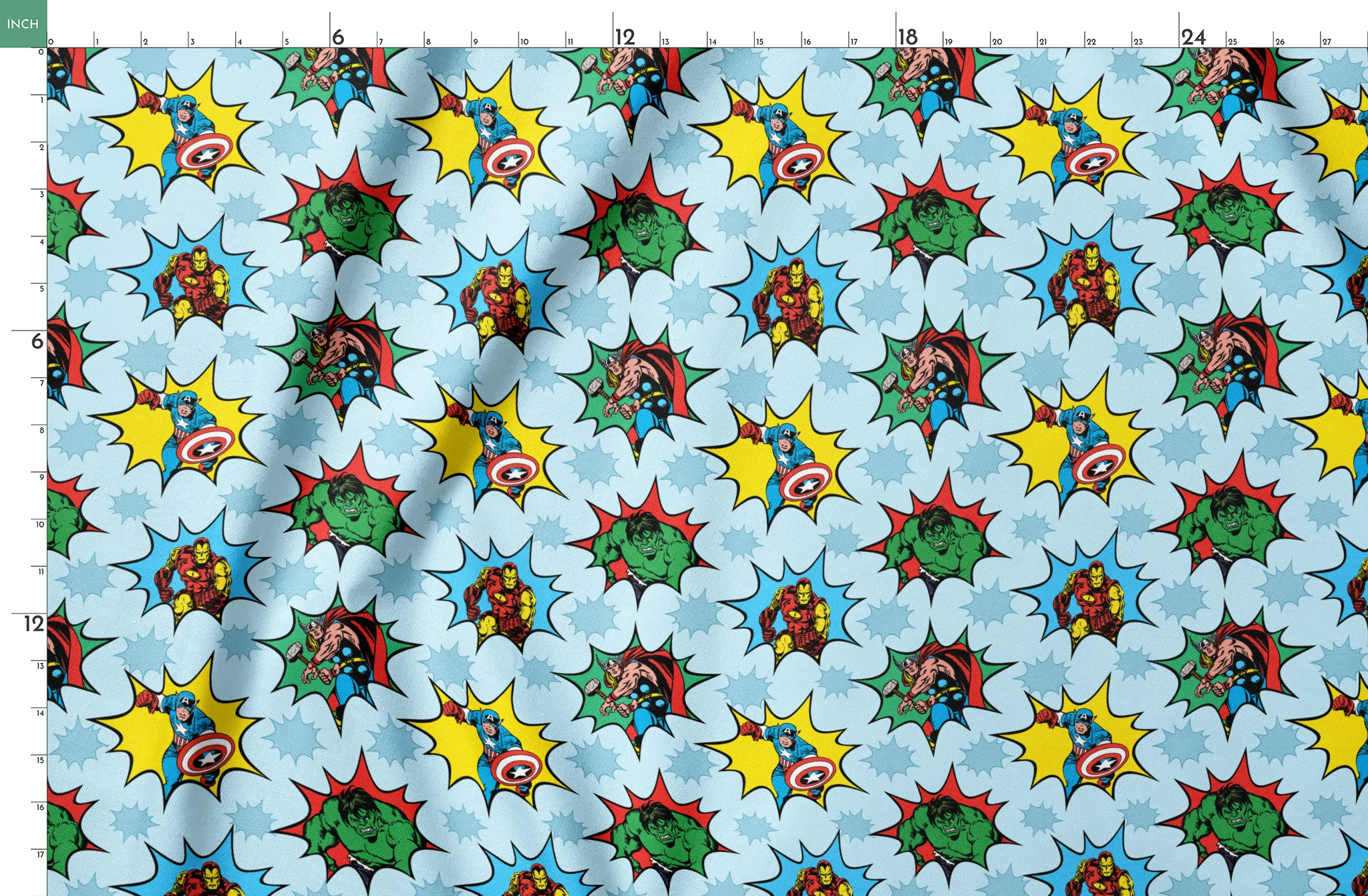 Marvel superhero pattern with Captain America, Iron Man, and Hulk in colorful burst designs on a blue background. springs fatquarter mockup