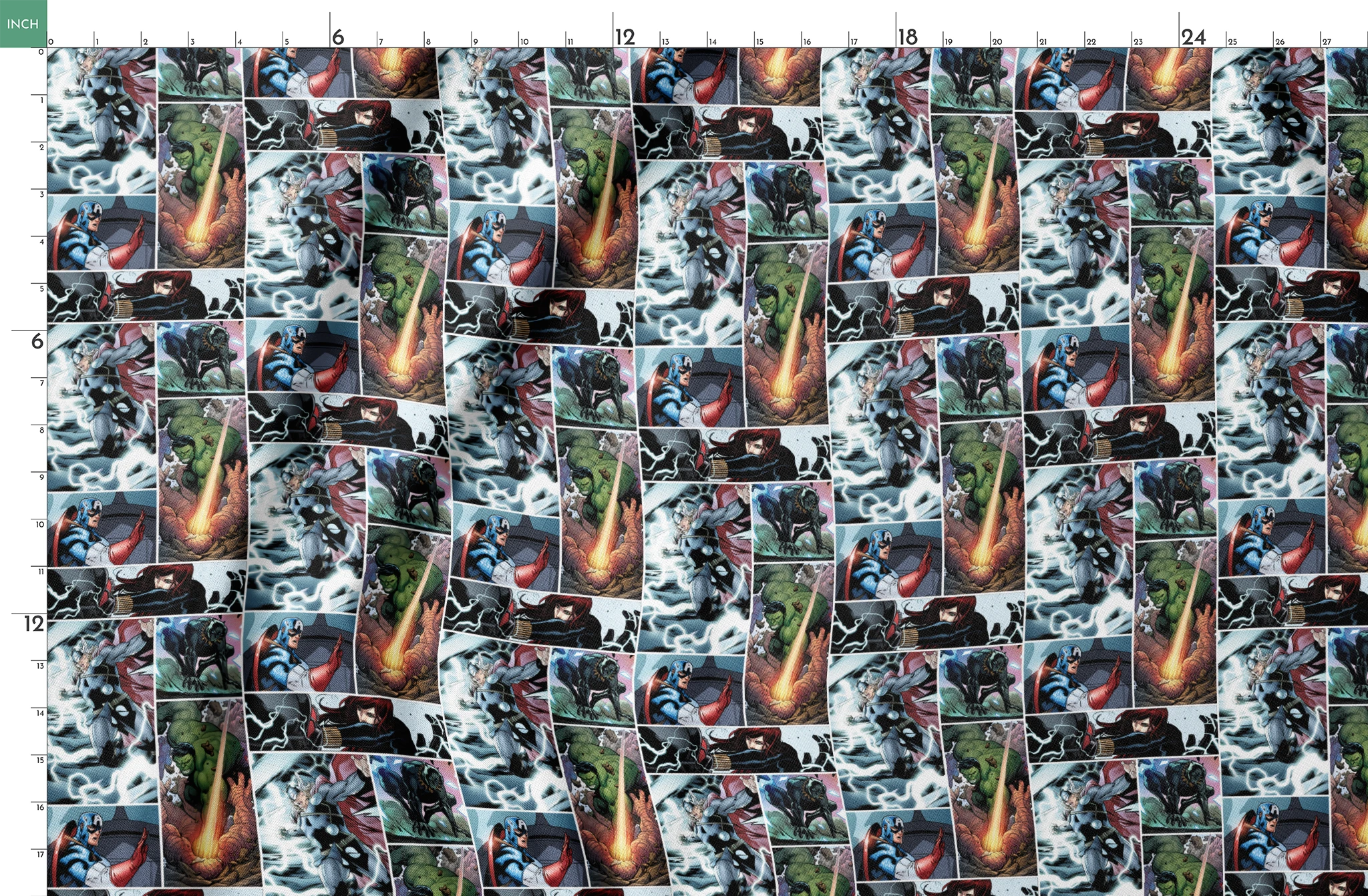 Comic book collage featuring Thor with lightning, Captain America with shield, Hulk, and various Marvel superheroes in action scenes springs fatquarter mockup