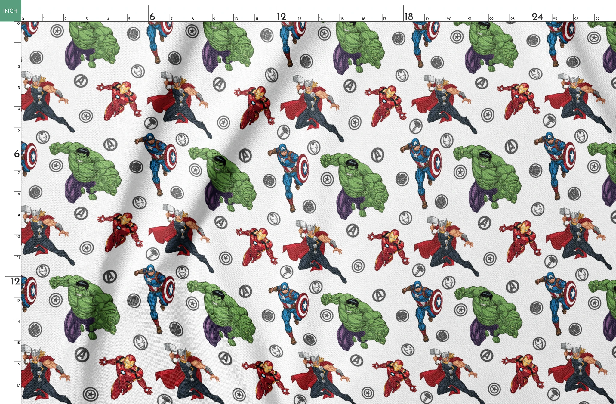 Marvel Avengers characters pattern with Hulk, Thor, Iron Man, and Captain America among superhero logos springs fatquarter mockup