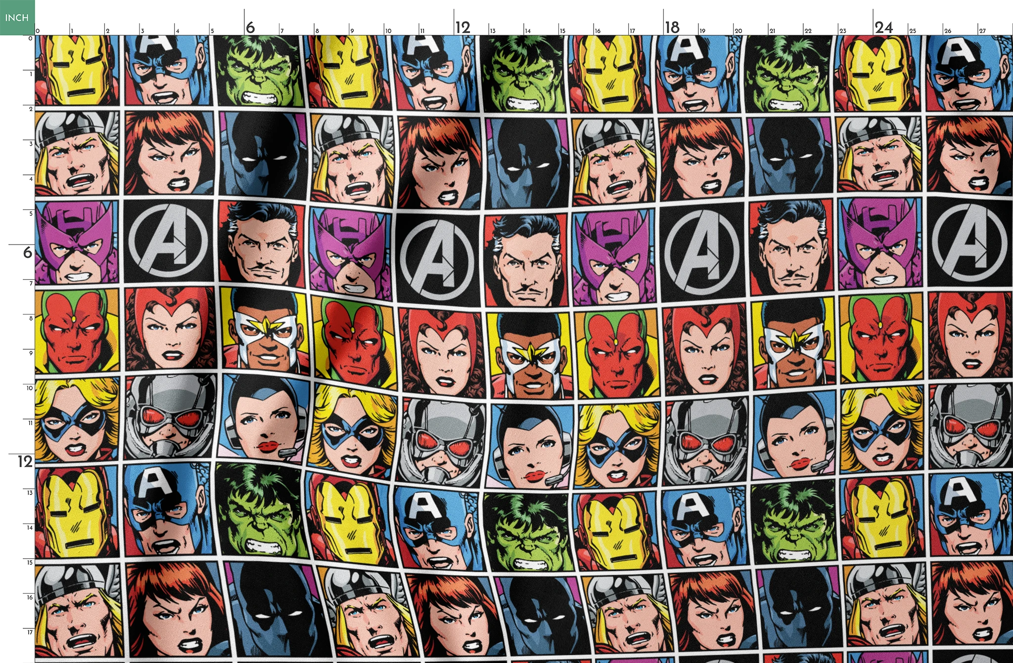 Marvel Avengers character portraits in comic style grid with colorful backgrounds showing superheroes and their iconic looks. springs fatquarter mockup