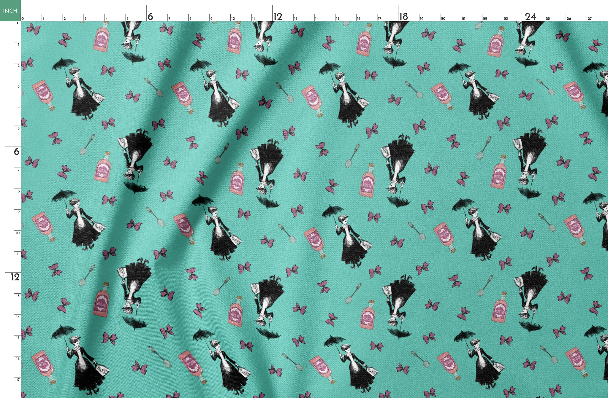 Whimsical illustration pattern with Mary Poppins holding umbrella, pink bottles, and purple butterflies on mint green background. springs fatquarter mockup