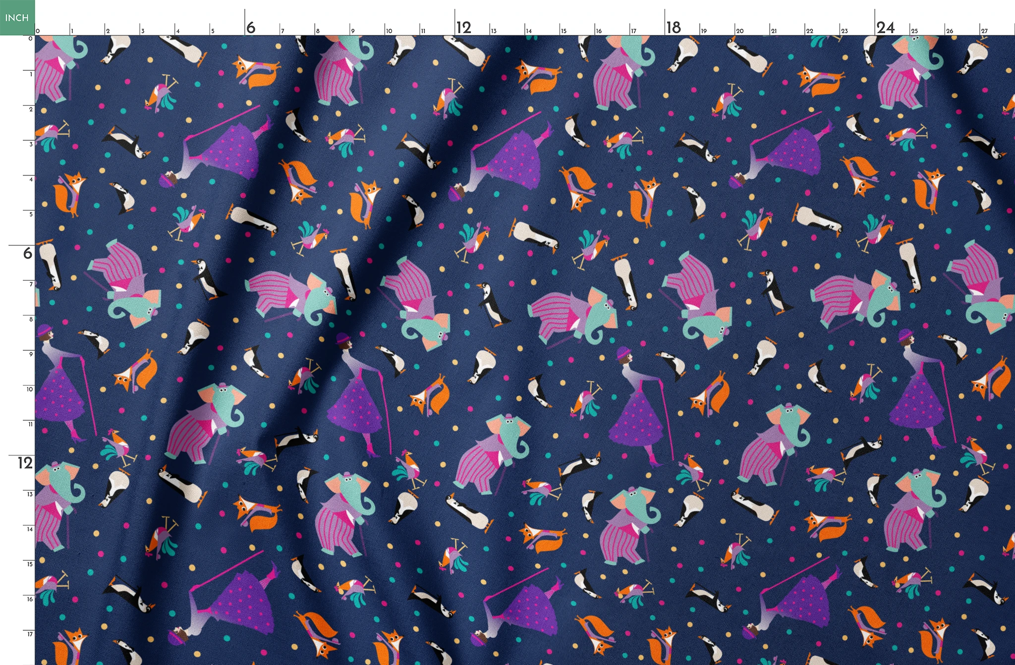 Colorful Mary Poppins pattern of whimsical animals including foxes and birds on a dark blue background with polka dots springs fatquarter mockup