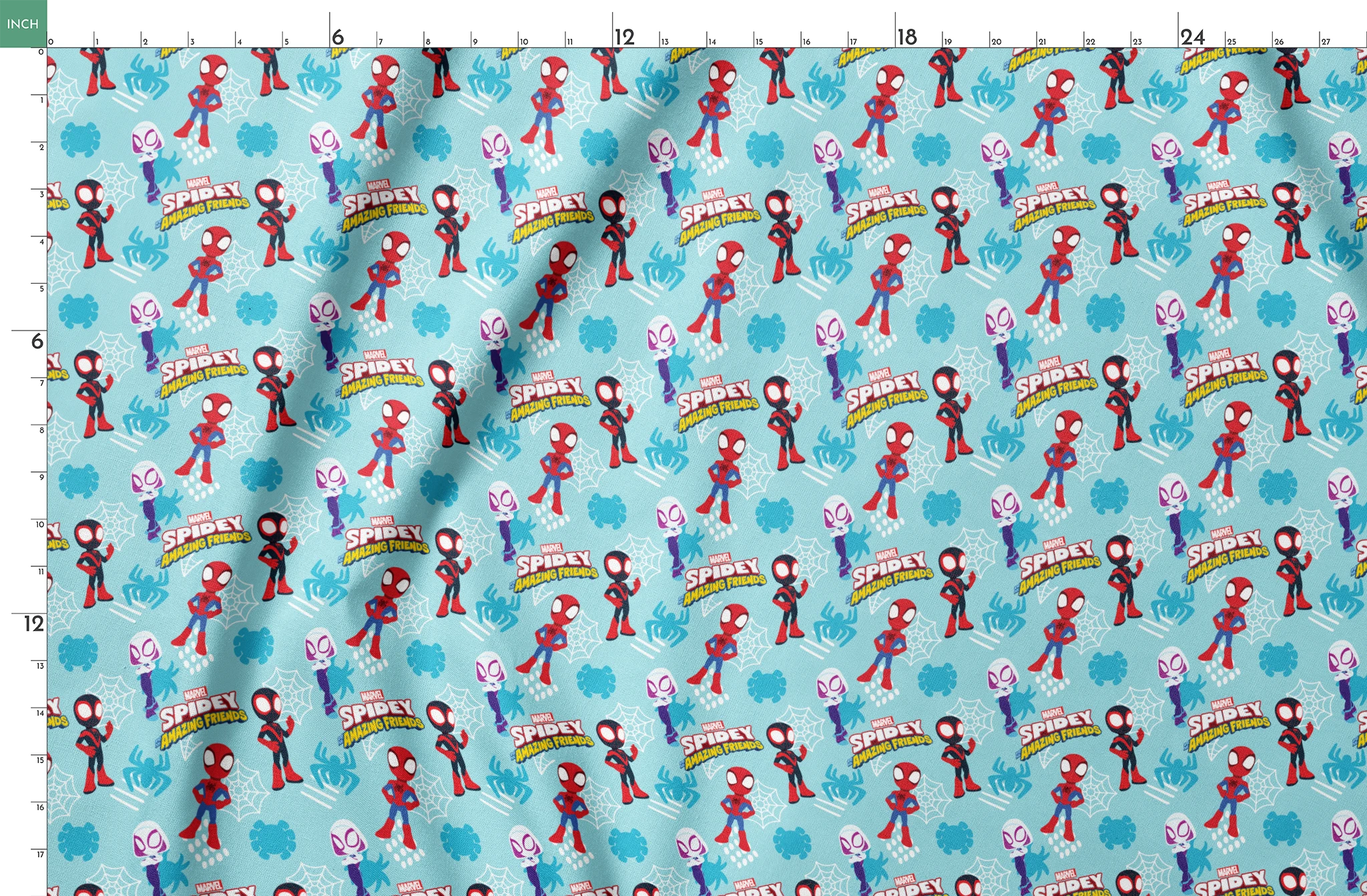 Marvel Spider-Man cartoon characters on blue background with spider webs and logos, featuring different Spider-Man costume variants. springs fatquarter mockup