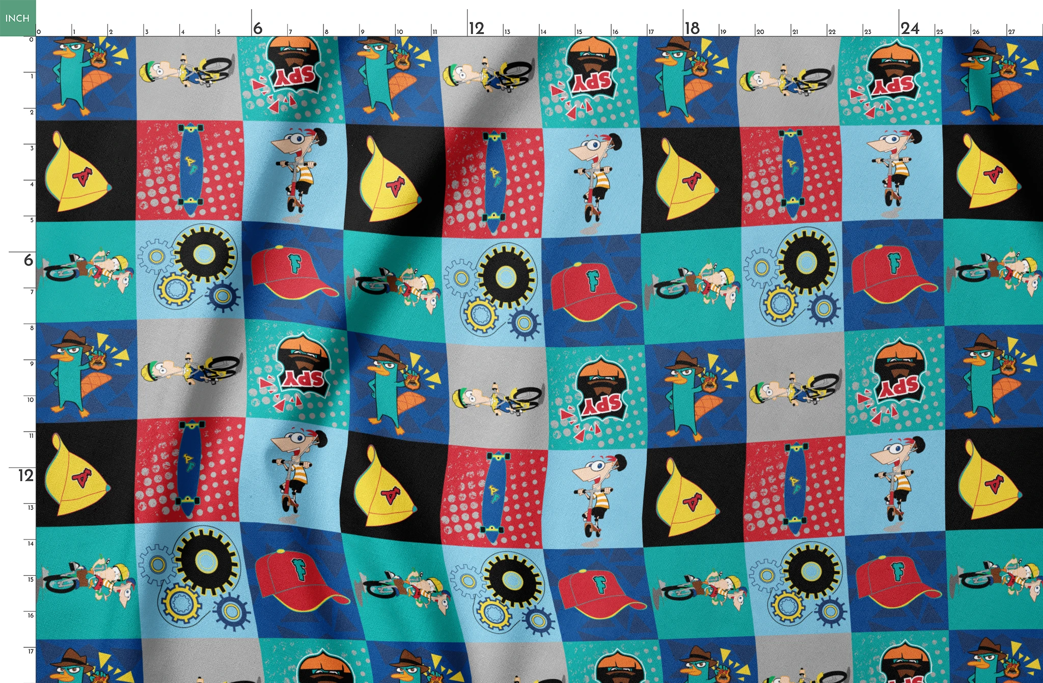 Phineas and Ferb cartoon characters in 9-square grid featuring Perry, logos, and mechanical designs springs fatquarter mockup