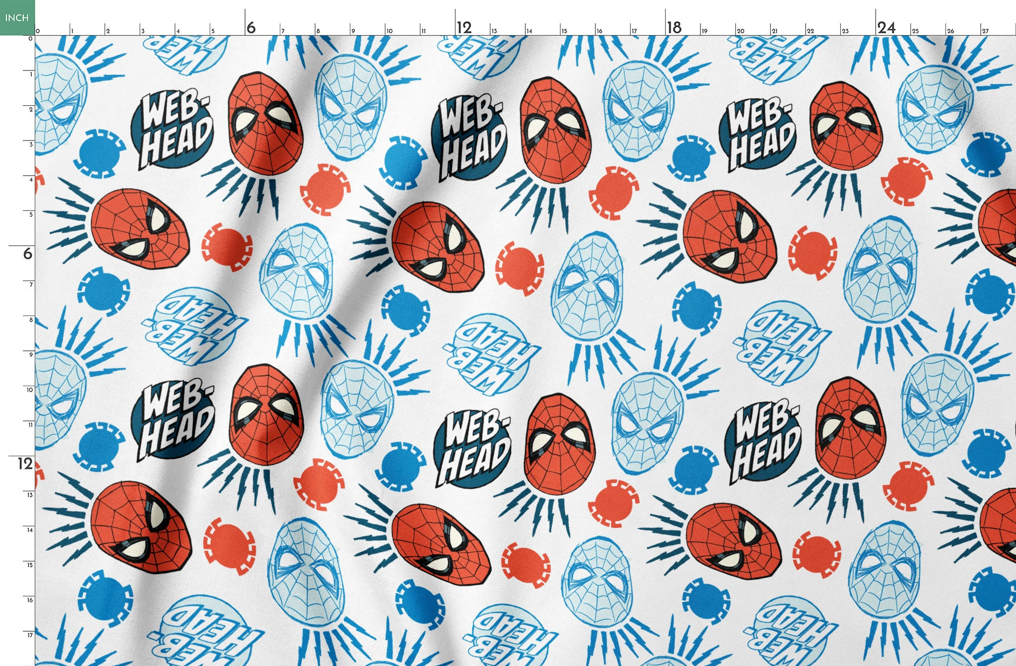 Spider-Man masks pattern with blue and red heads, "WEB HEAD" text, and radiating lines on white background. springs fatquarter mockup