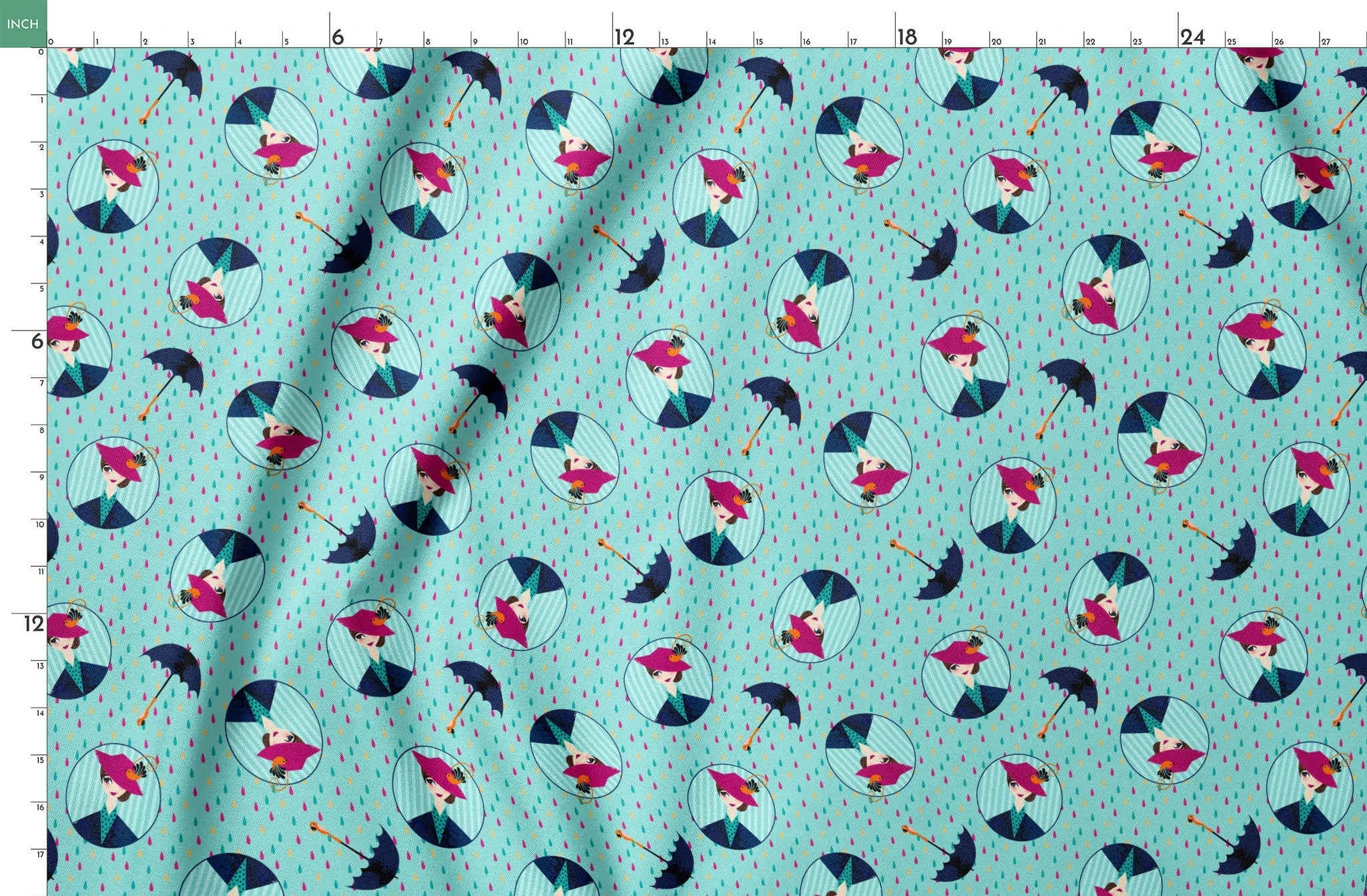 Colorful rainy pattern with Mary Poppins holding umbrellas in circular frames on turquoise background with pink raindrops springs fatquarter mockup