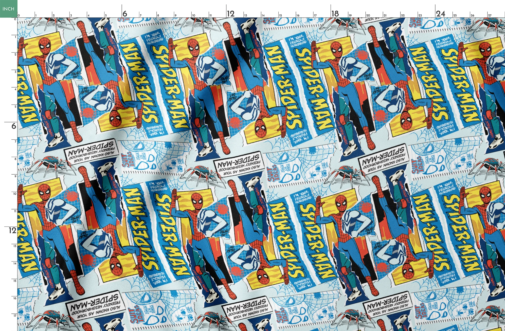 Spider-Man comic book style pattern with red and blue superheroes in action poses against web-themed background springs fatquarter mockup