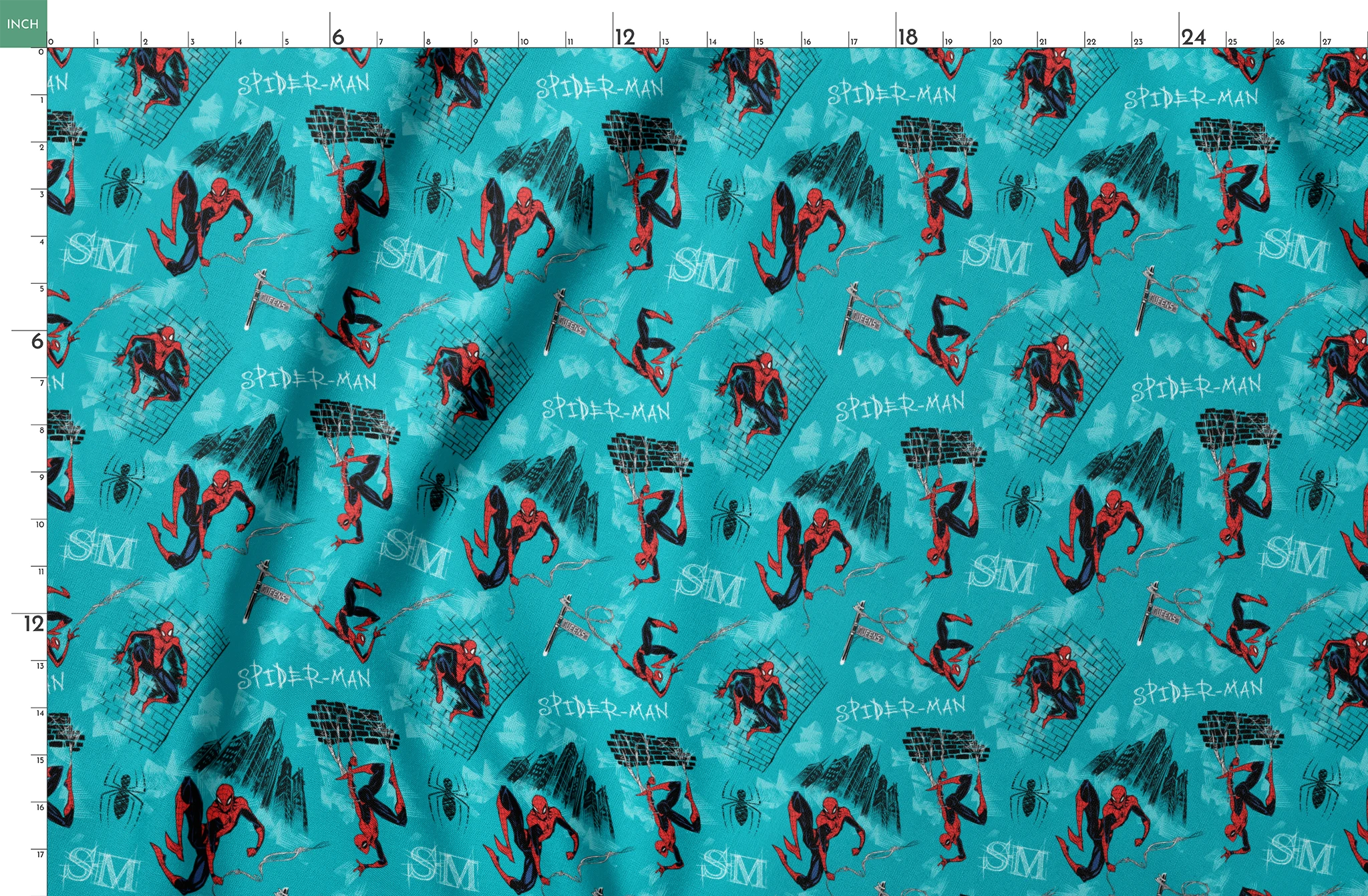 Spider-Man pattern on turquoise background with multiple poses, web designs, and logos springs fatquarter mockup