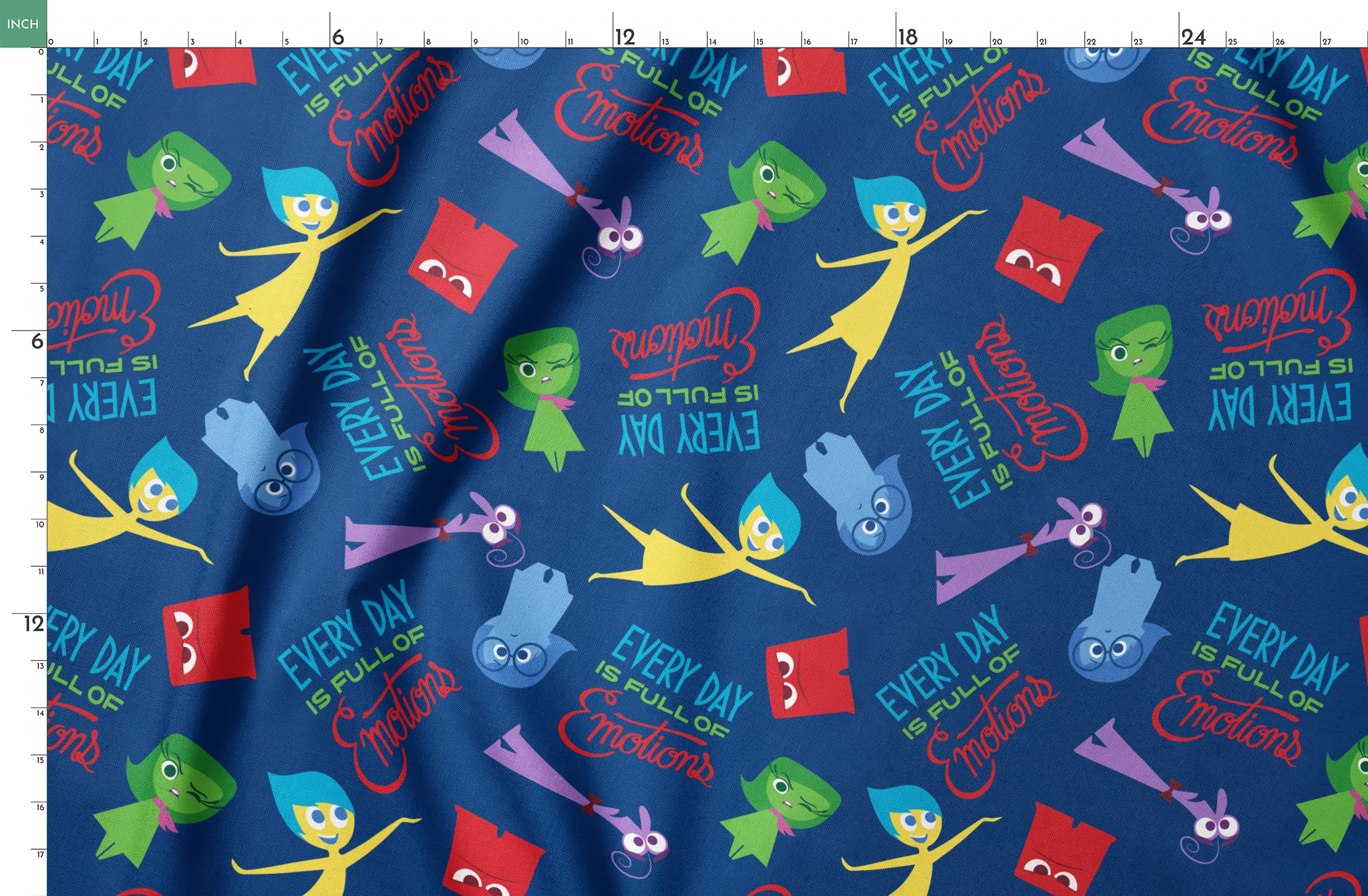 Colorful cartoon character pattern on blue background with characters from Inside Out movie and text phrases springs fatquarter mockup