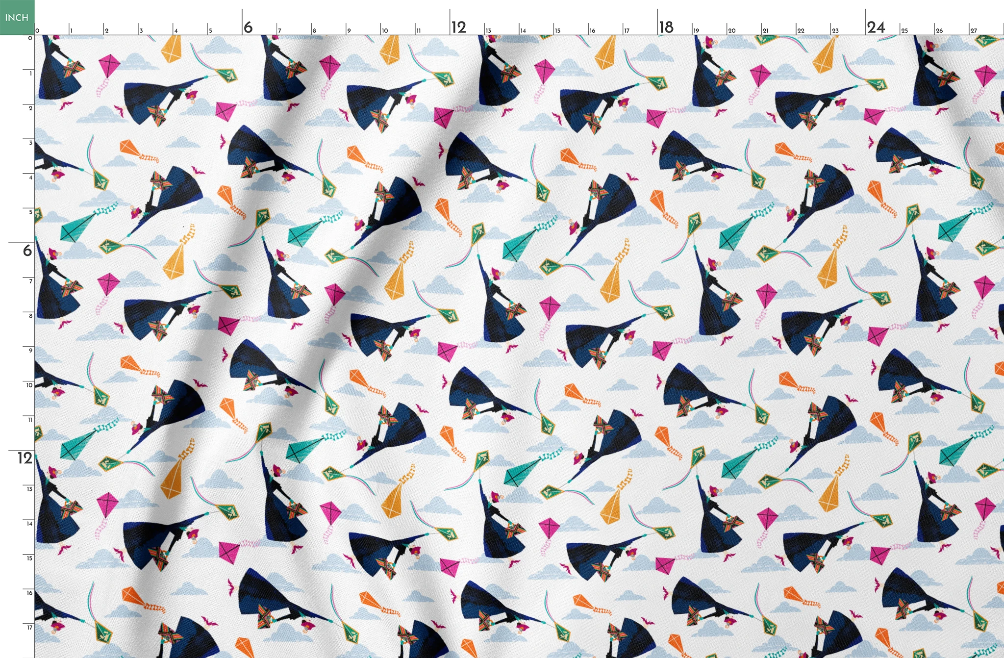 Colorful kites in orange, pink, and green along with Mary Poppins flying in a cloudy blue sky springs fatquarter mockup
