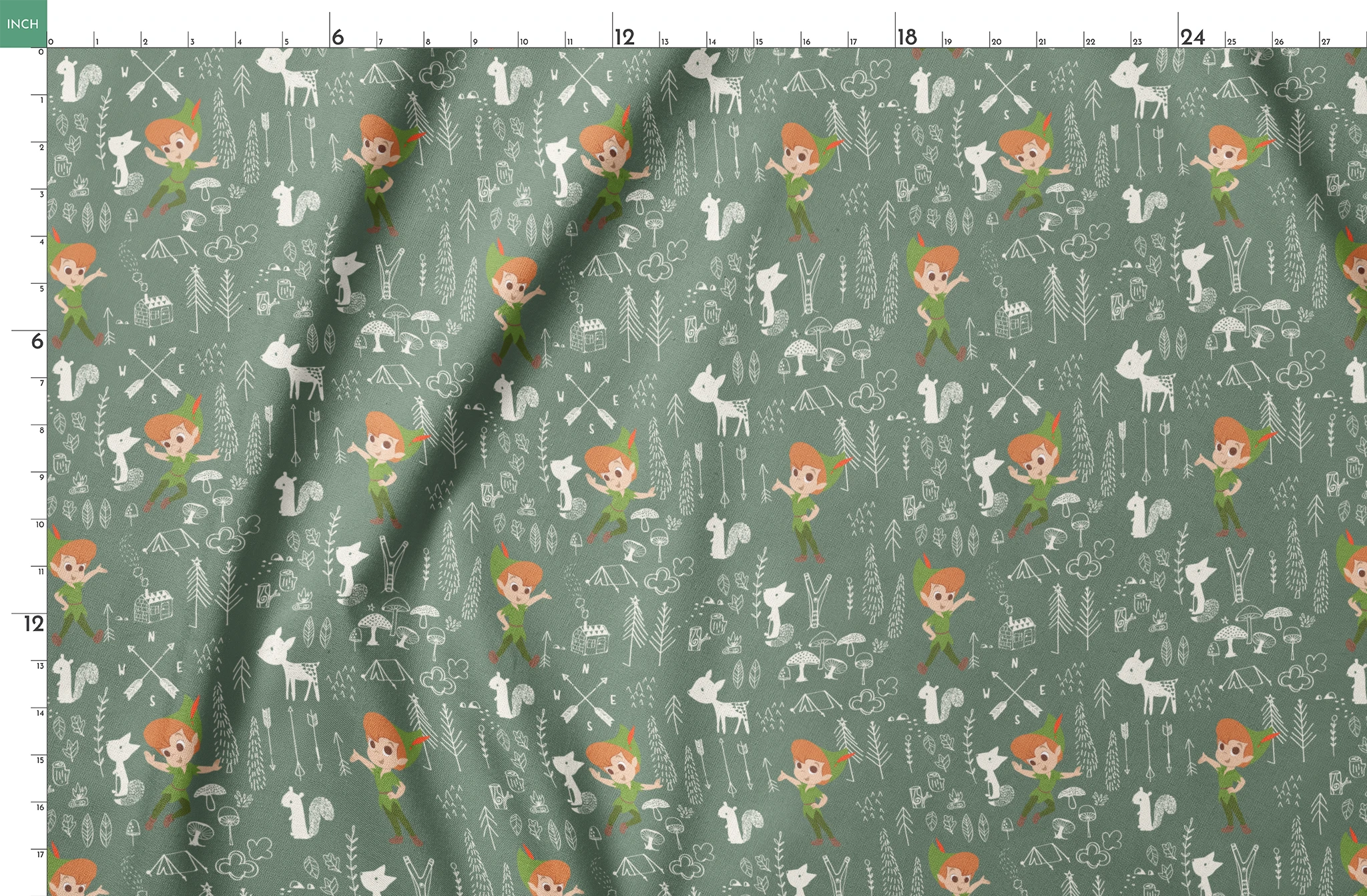 Illustrated forest pattern with cartoon characters in green outfits, white animals, and woodland elements on sage background. springs fatquarter mockup