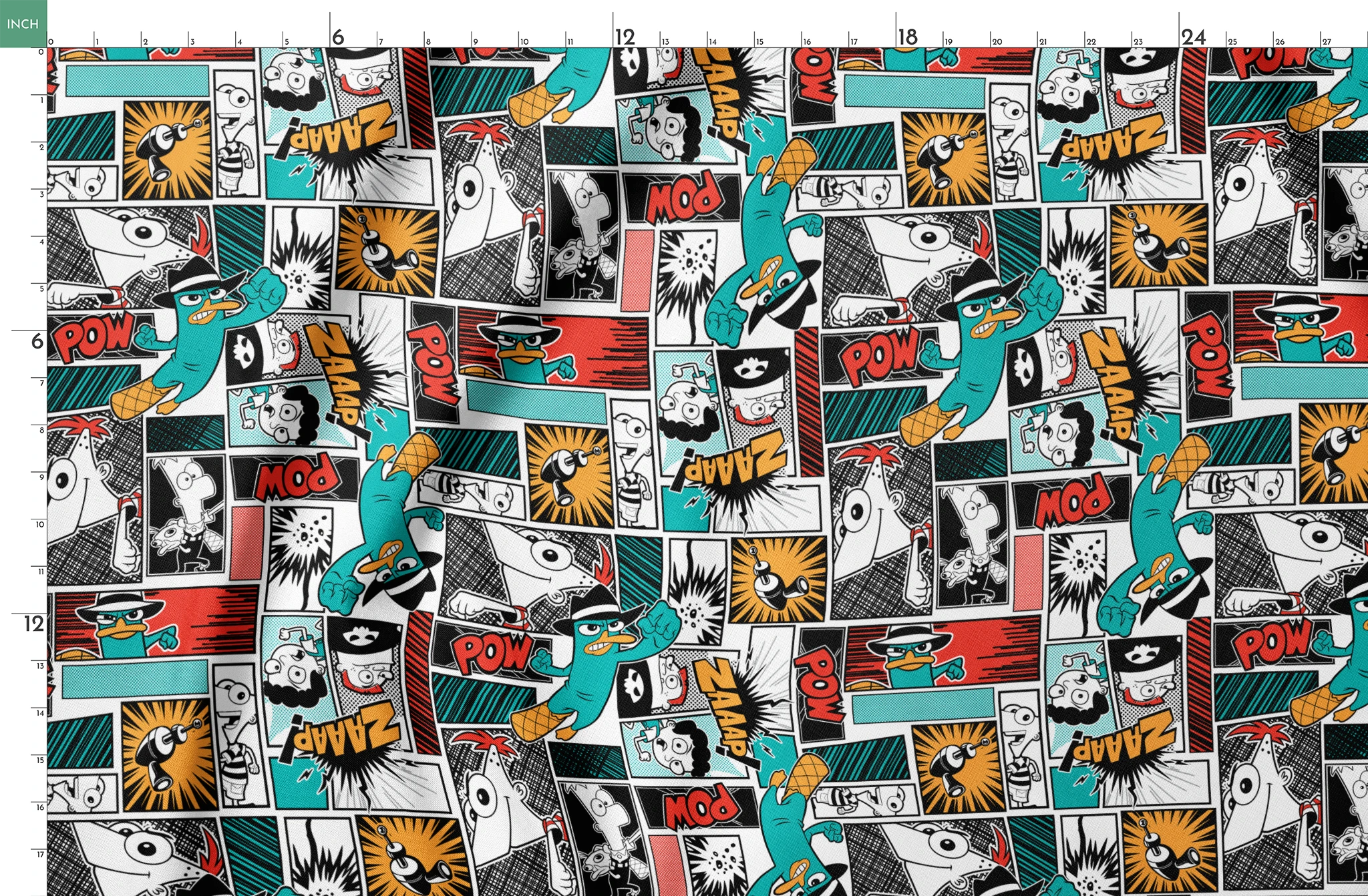 Comic book style pattern with colorful panels featuring sound effects like POW, BANG, and WHAM on red, blue, and black backgrounds springs fatquarter mockup