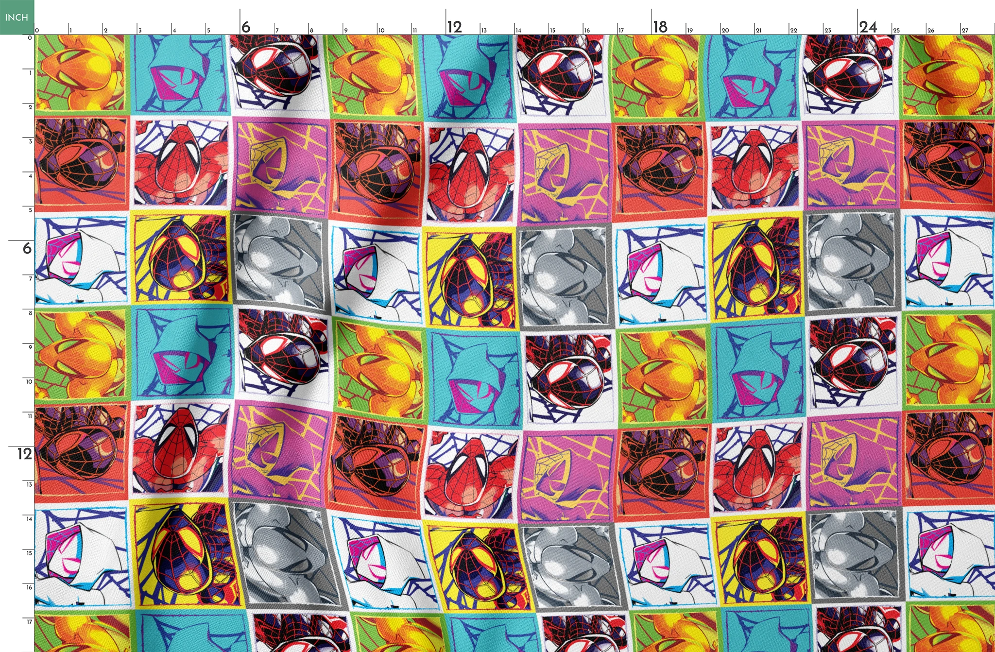 Colorful pop art grid of nine Spiderman designs in vibrant color schemes springs fatquarter mockup