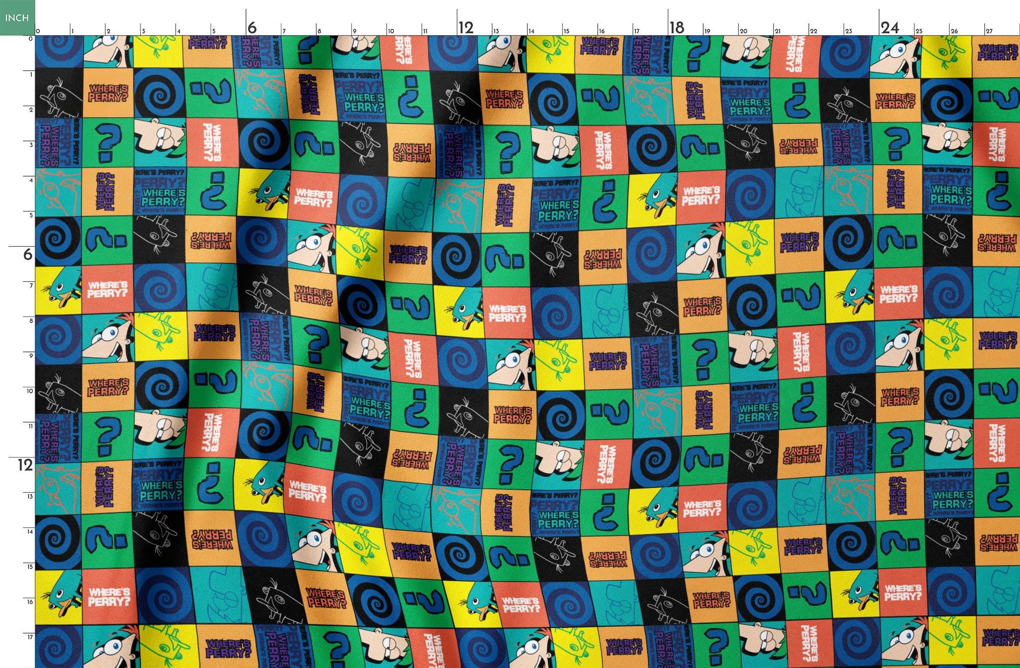 Colorful grid pattern with Phineas and Ferb cartoon characters, logos, question marks, and spirals in blue, green, and orange squares. springs fatquarter mockup