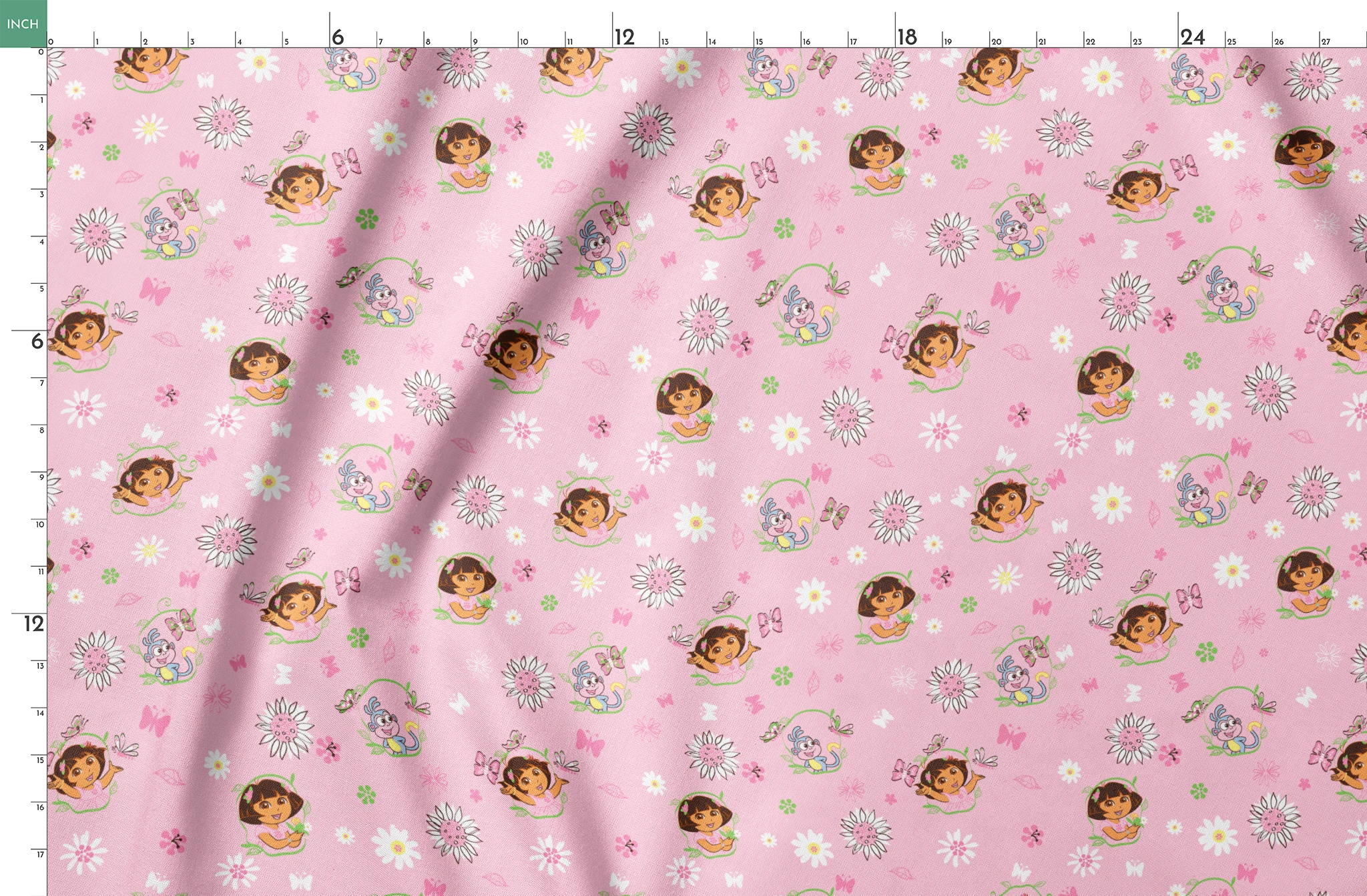 Pink background with Dora the Explorer characters, white daisies and purple butterflies scattered throughout springs fatquarter mockup