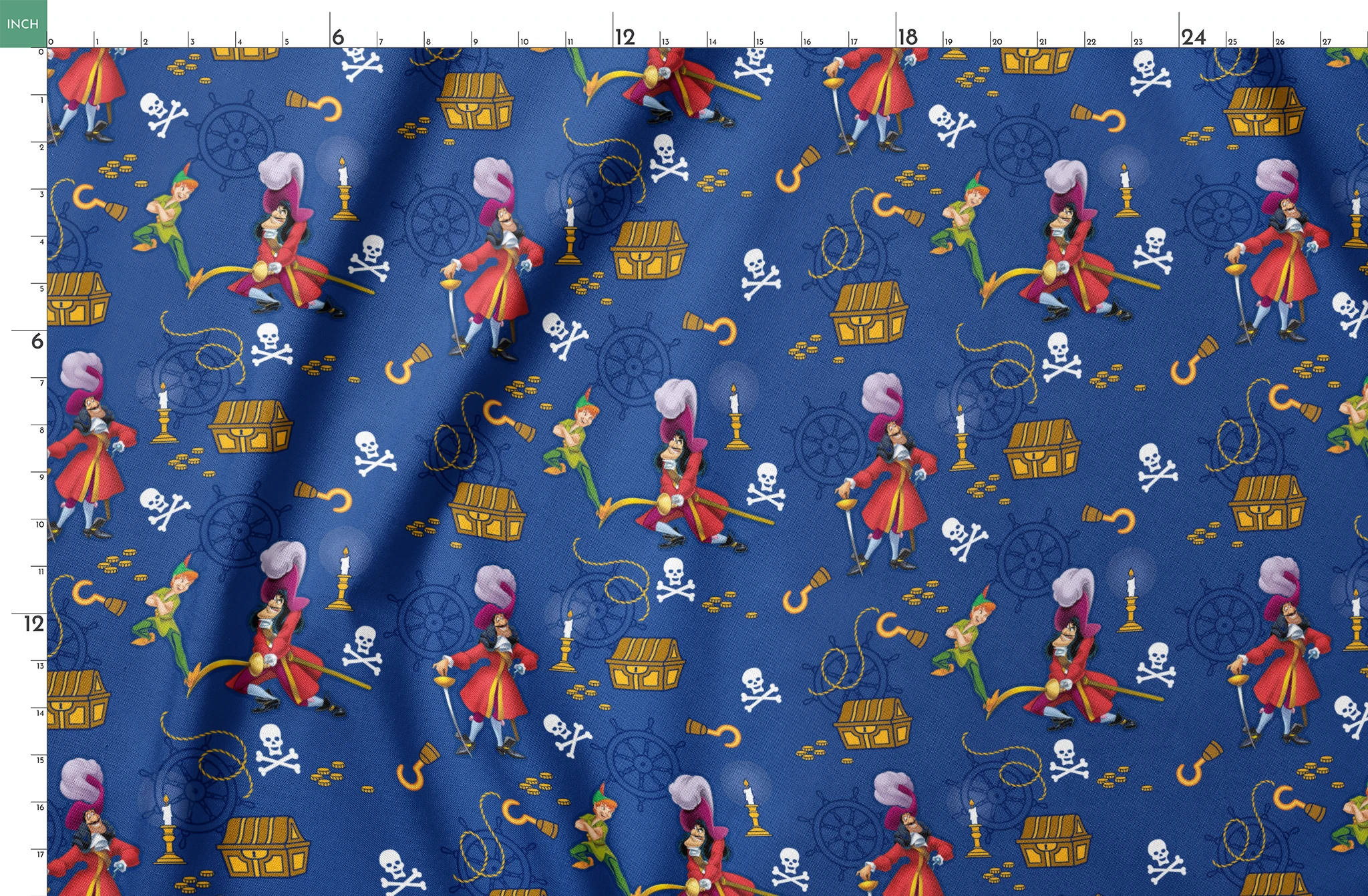 Pirate-themed pattern with captains, treasure chests, hooks, and skull symbols on blue background springs fatquarter mockup
