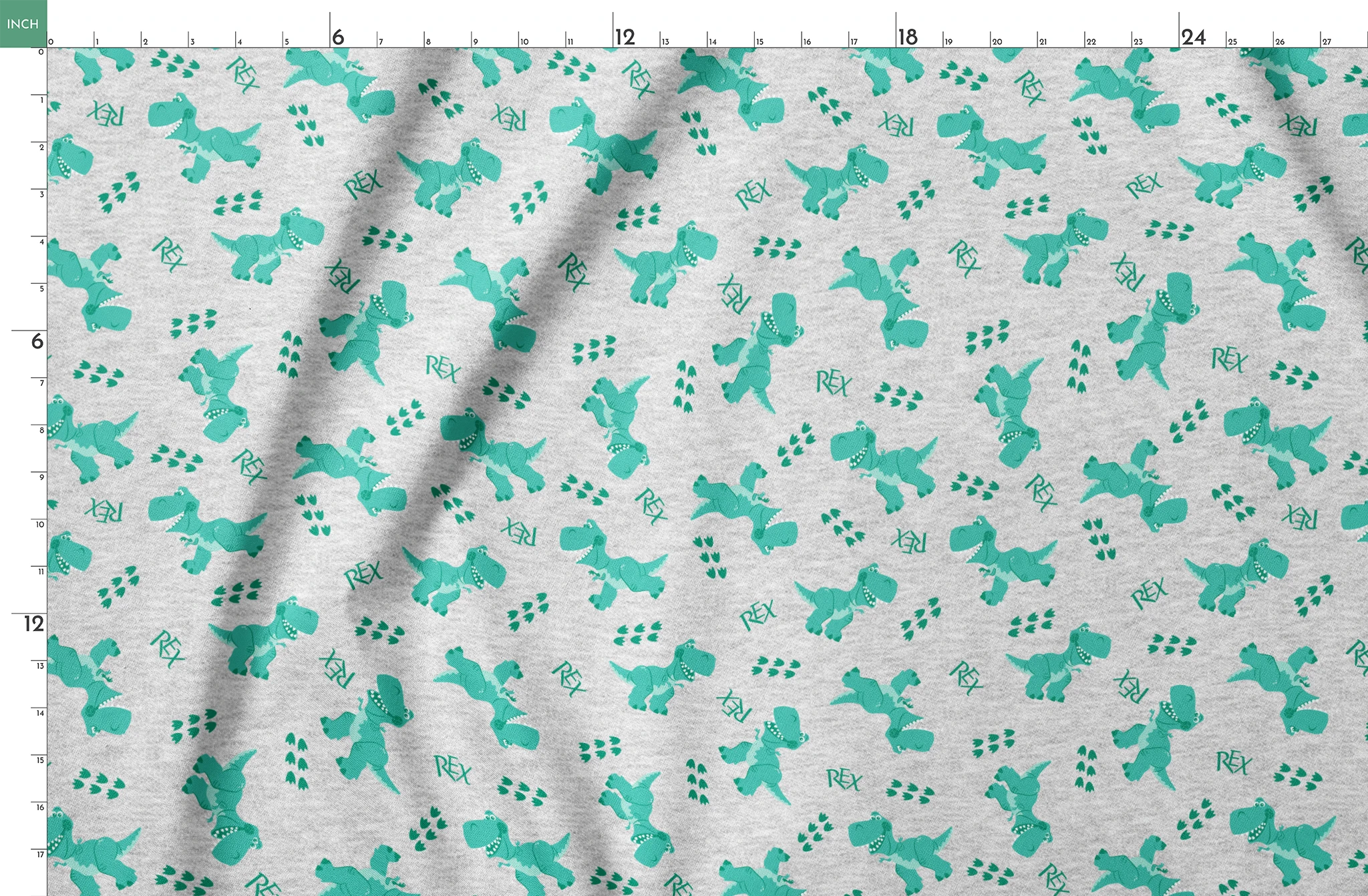 Playful Toy Story' Rex pattern on light gray heathered background springs fatquarter mockup