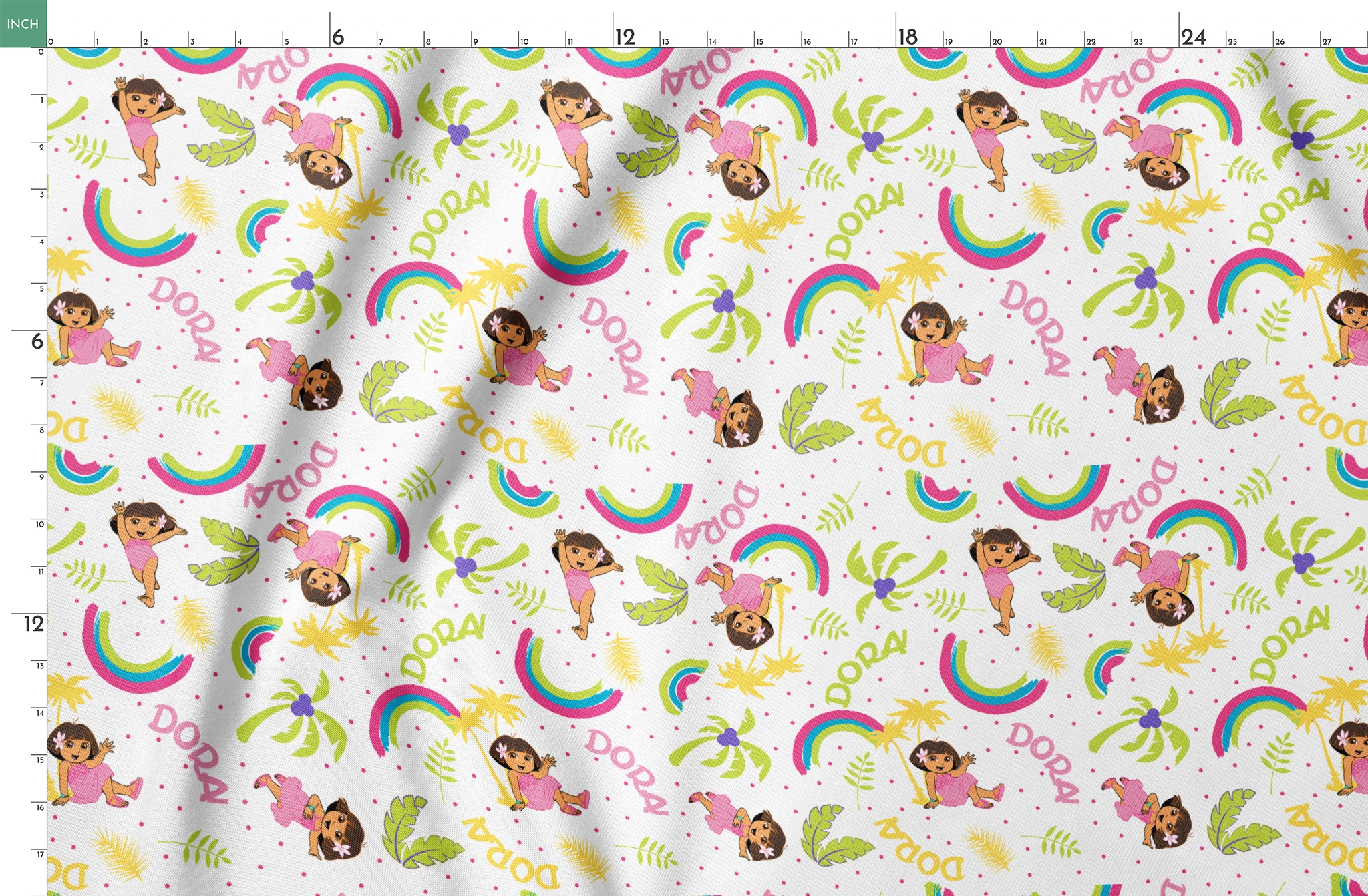 Cartoon pattern with colorful rainbows, Dora the Explorer characters, green leaves, and yellow leaves on white background springs fatquarter mockup