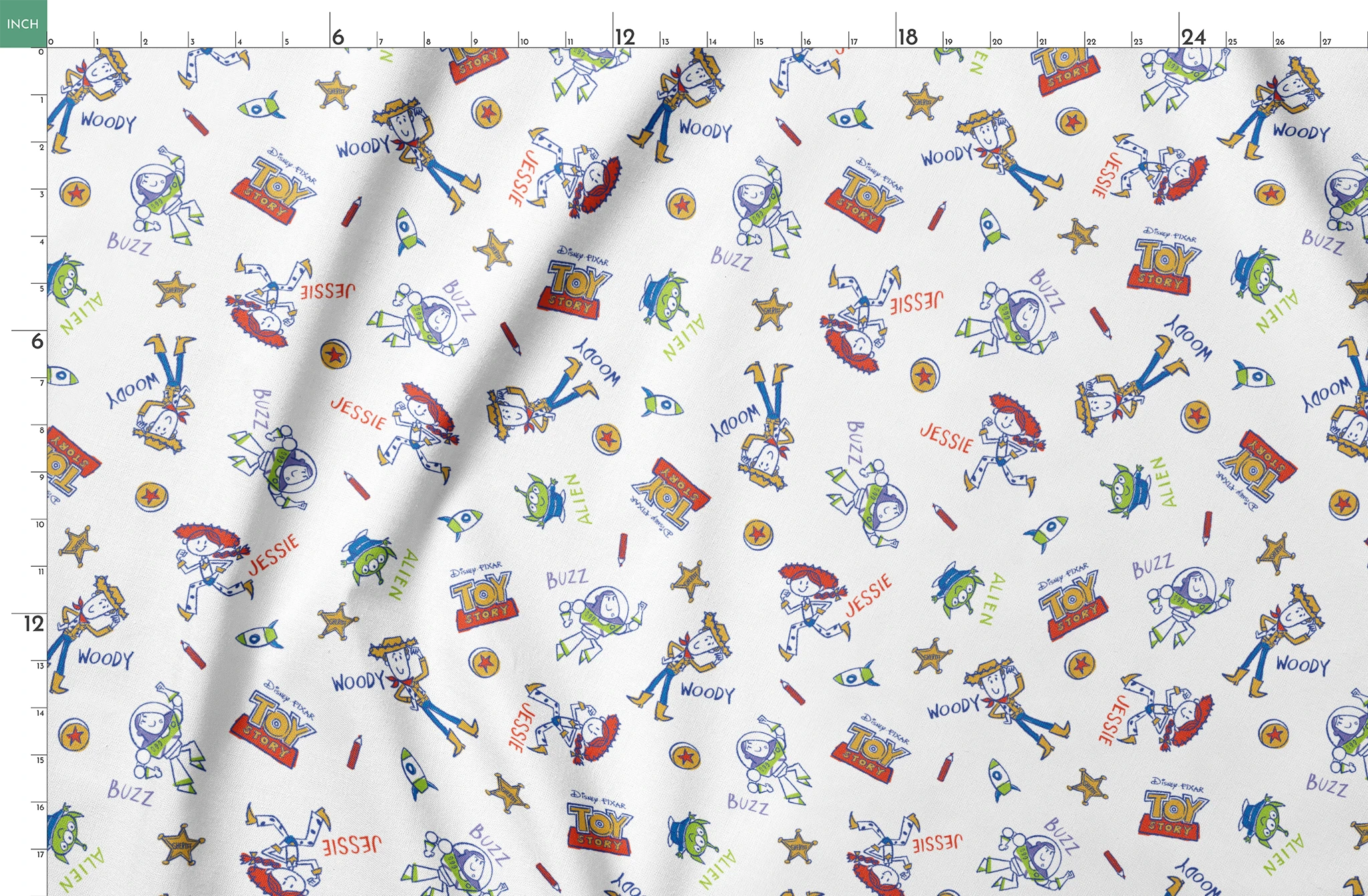 Toy Story pattern with Buzz Lightyear and Woody characters, stars, and spaceships on white background springs fatquarter mockup