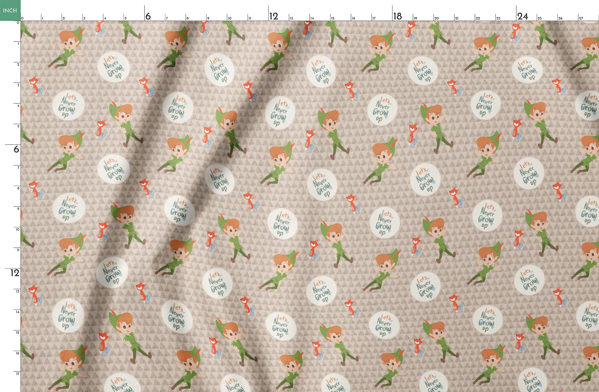 Cartoon pattern featuring Peter Pan character flying, orange foxes, and "Let's Never Grow Up" text on beige background springs fatquarter mockup