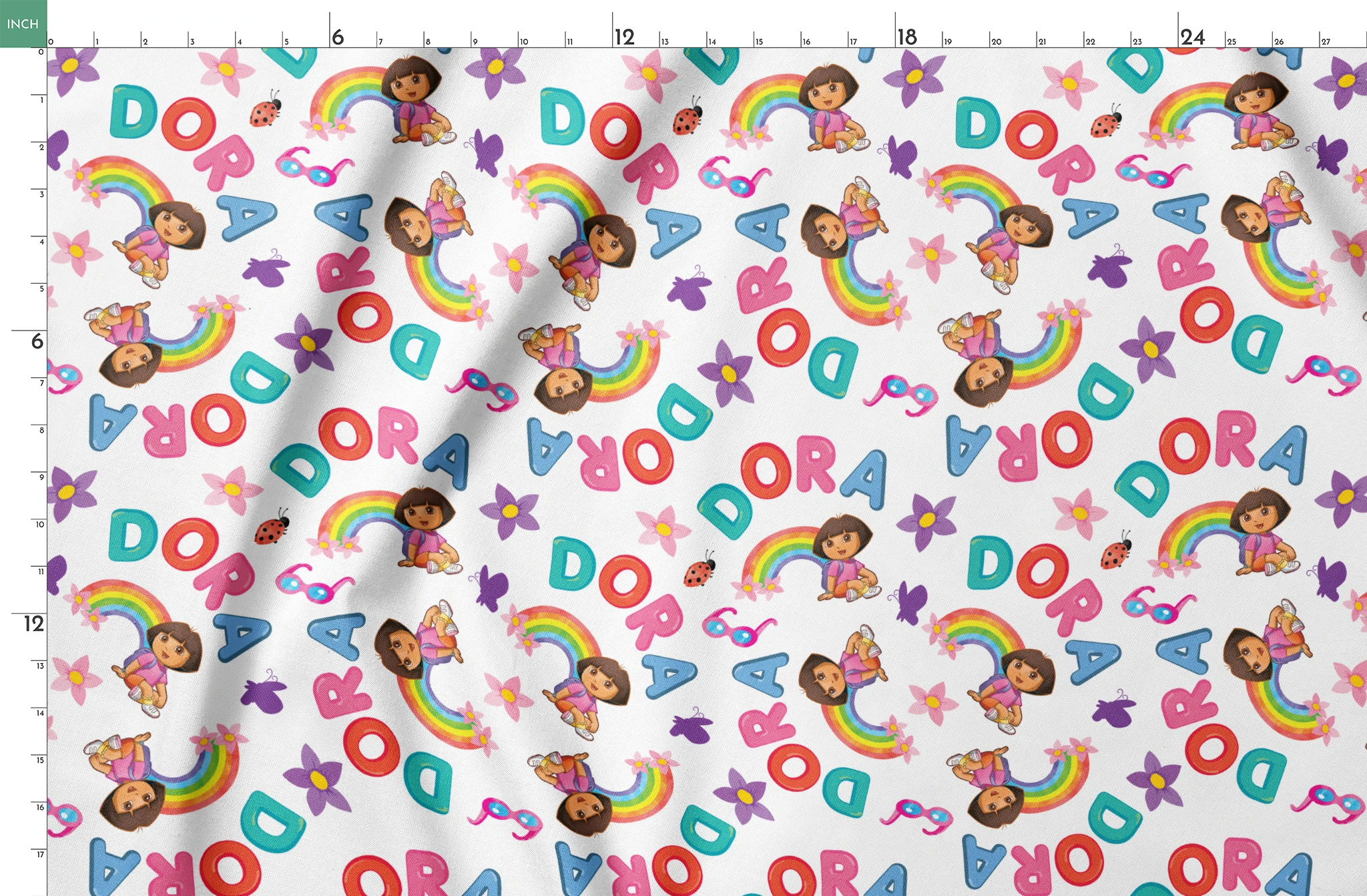 Colorful Dora pattern with rainbows, flowers, alongside scattered "DORA" letters on white background. springs fatquarter mockup