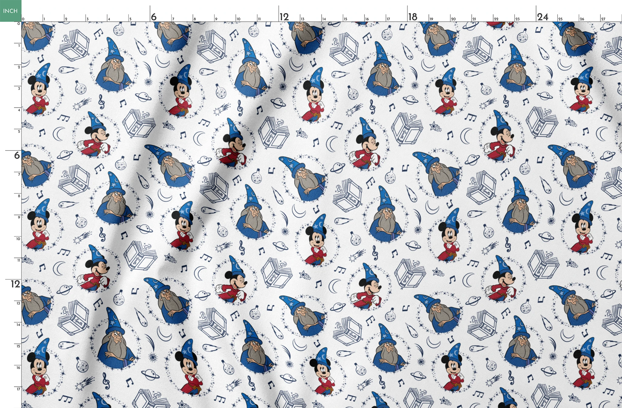Disney's Fantasia pattern with Mickey Mouse in wizard hat, magical books, music notes, celestial elements on white background springs fatquarter mockup