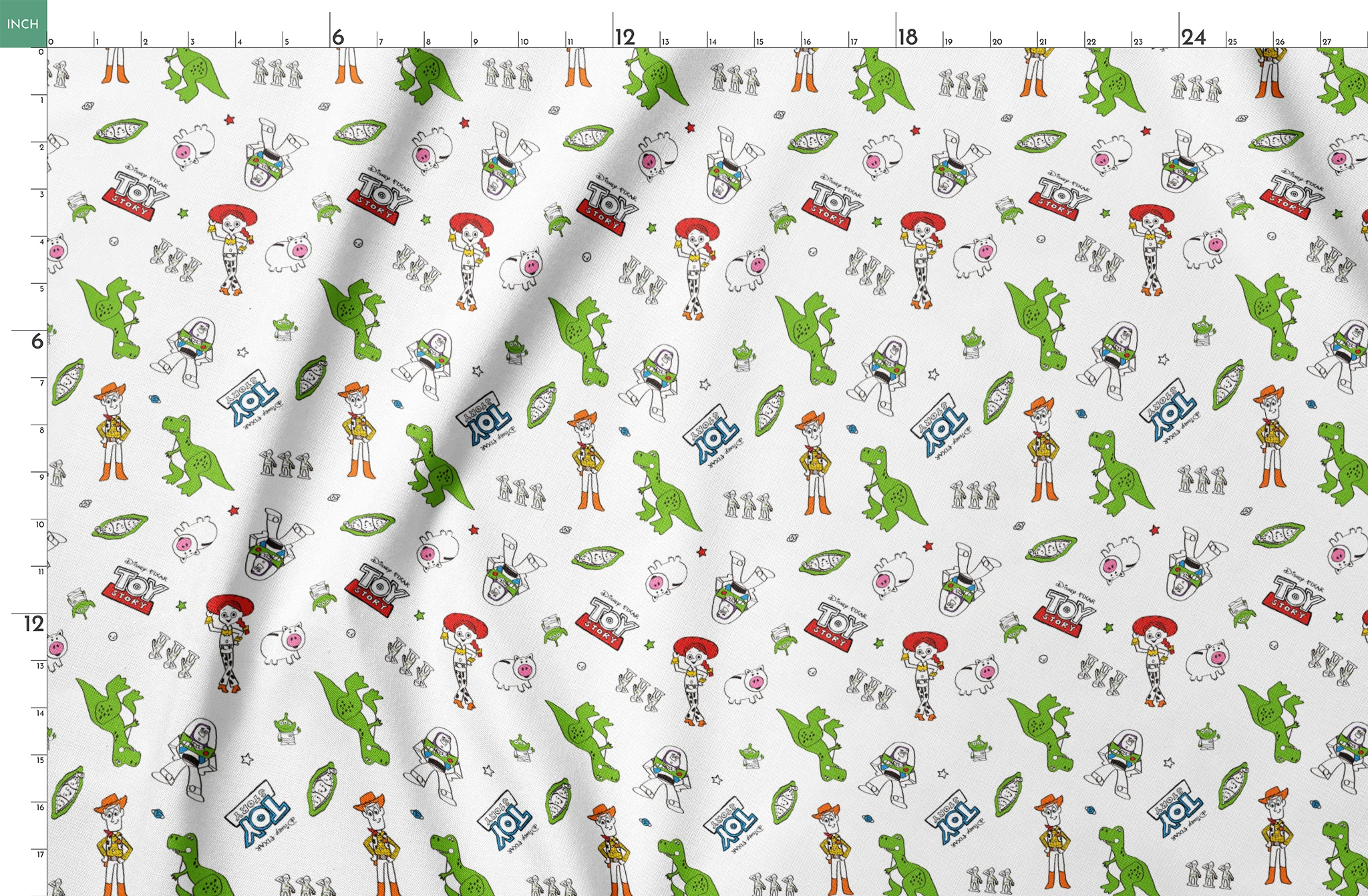Toy Story pattern with Rex, Buzz, Woody, and alien characters scattered on white background springs fatquarter mockup