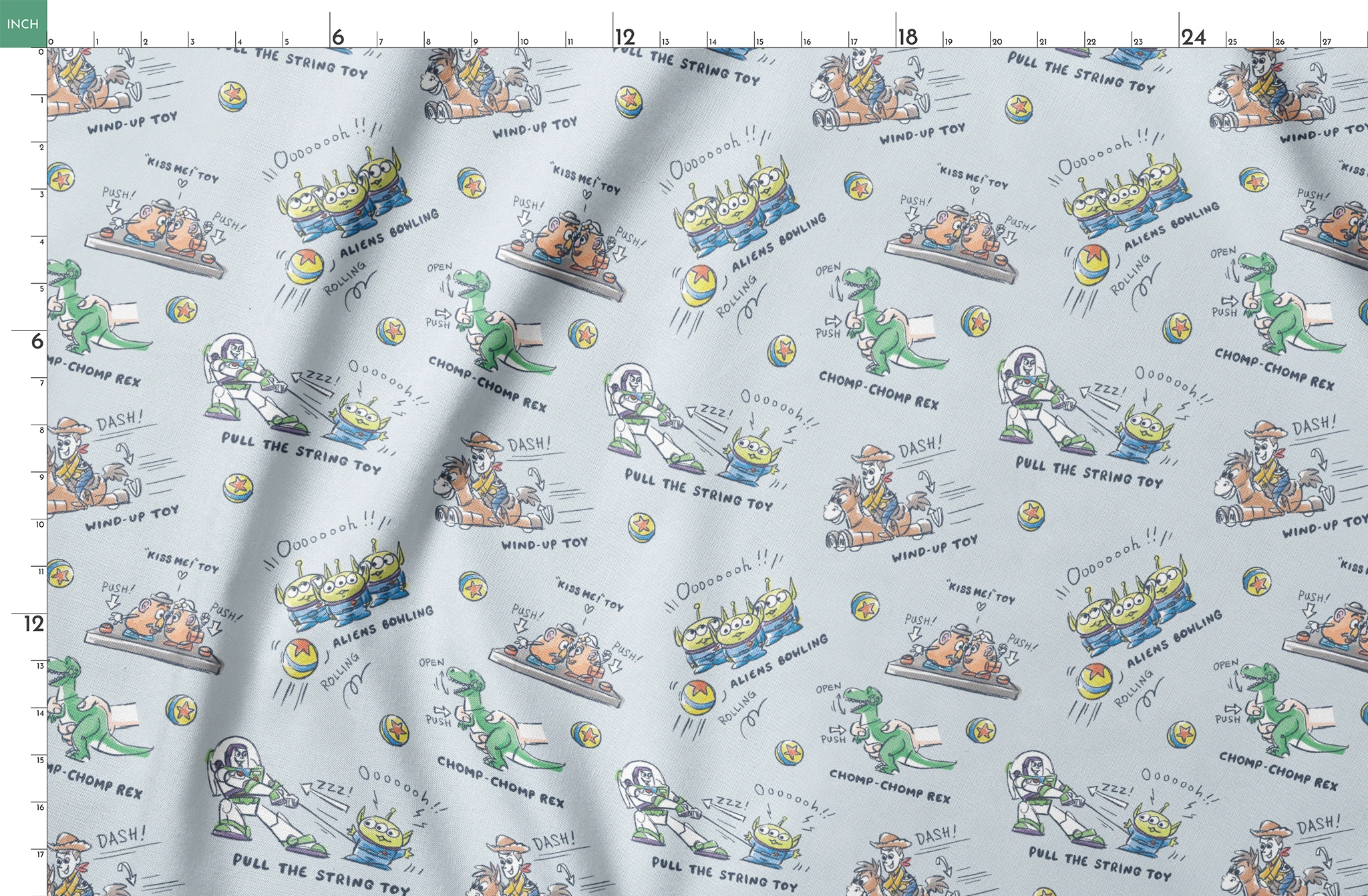 Illustrated Toy Story character designs showing wind-up, pull string, and action toys on light blue background springs fatquarter mockup