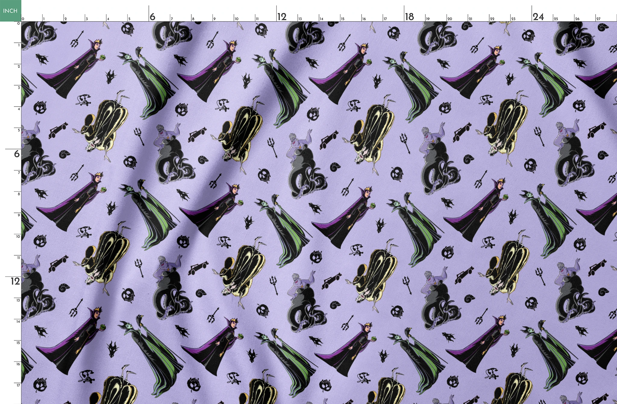 Disney villain characters pattern on purple background, featuring Maleficent and other iconic antagonists in stylized form springs fatquarter mockup