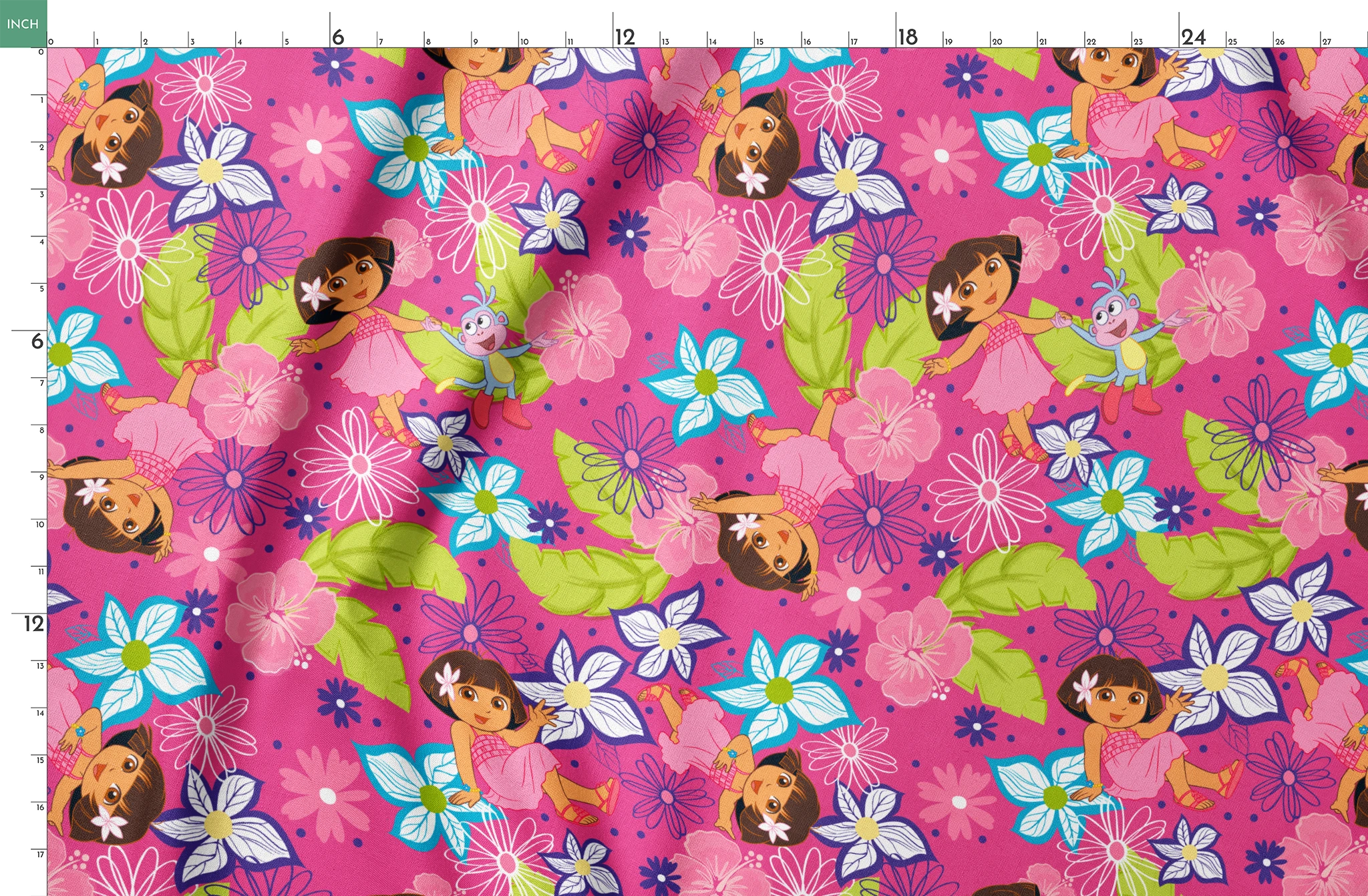 Colorful cartoon pattern with Dora the Explorer characters among vibrant flowers on pink background springs fatquarter mockup