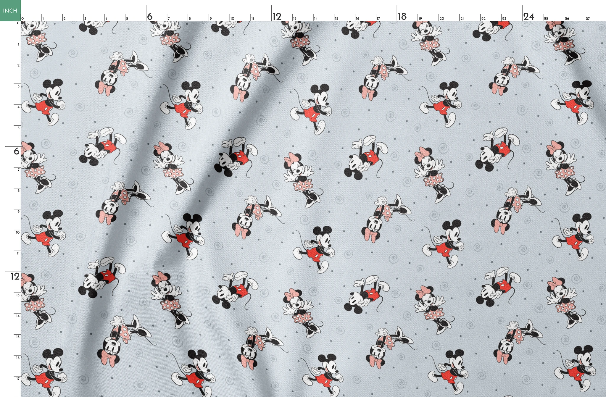 Classic Minnie and Mickey Mouse pattern with characters in various poses on light blue background with swirls springs fatquarter mockup