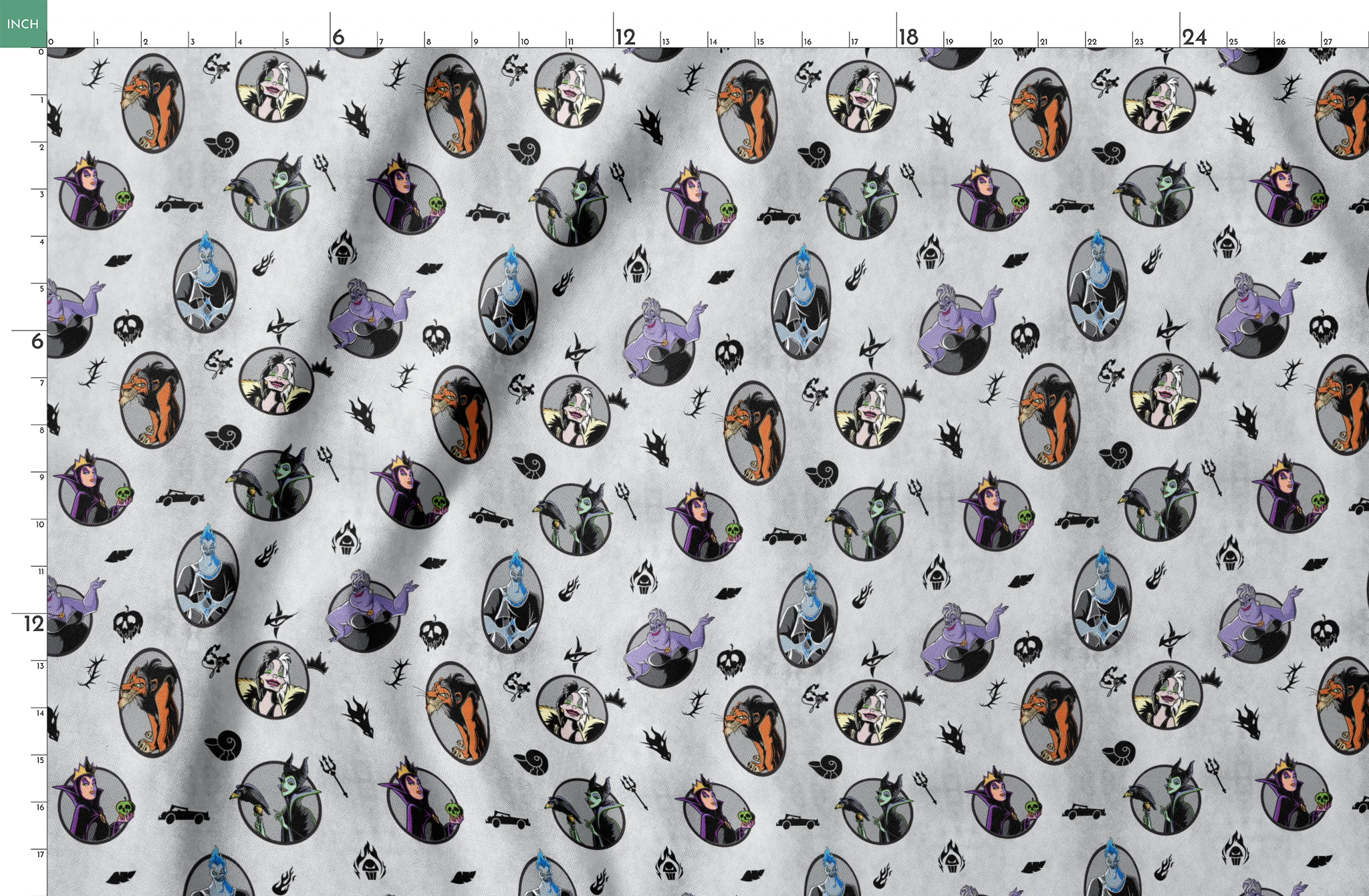 Disney villain characters in circular portraits on a gray background with spooky silhouette symbols springs fatquarter mockup
