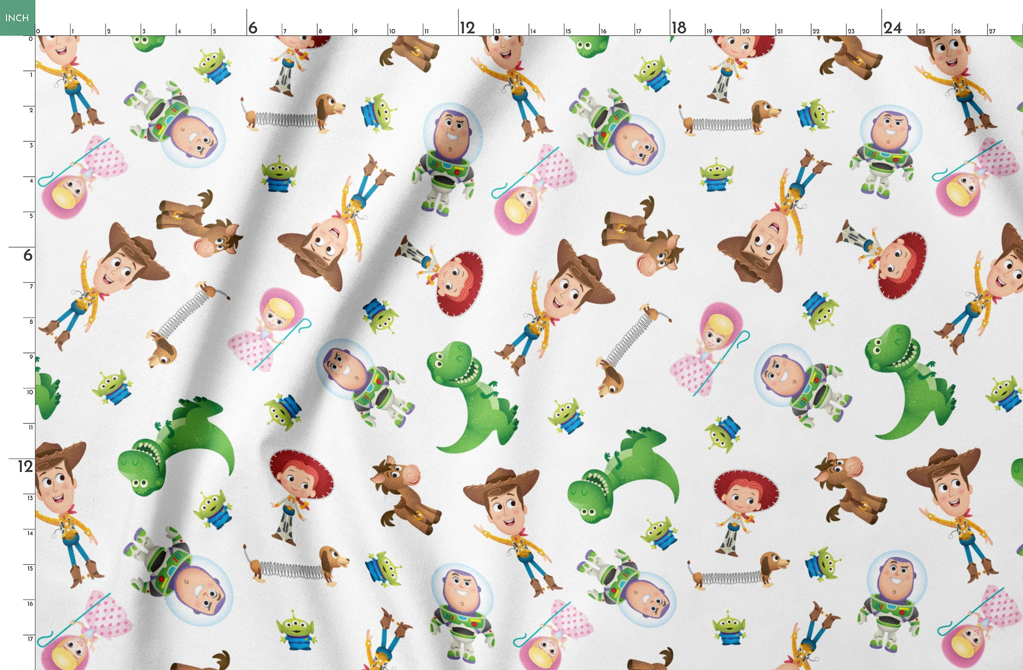 Toy Story character pattern with Woody, Buzz, Jessie, Rex, Slinky Dog and aliens on white background springs fatquarter mockup