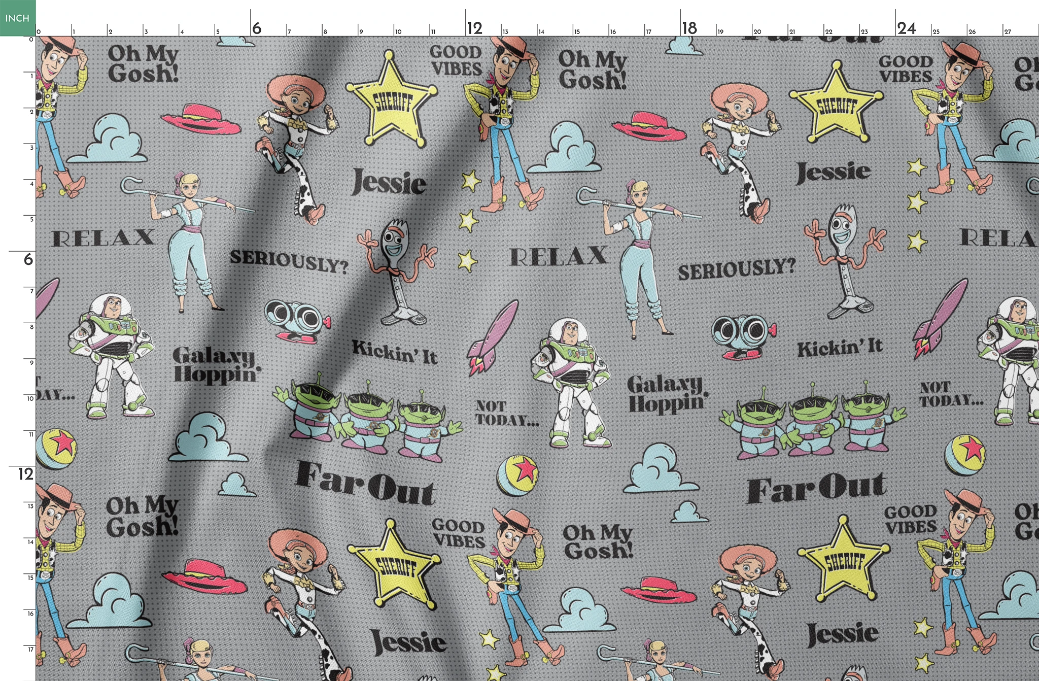 Toy Story character pattern with Buzz, Woody and aliens on gray background with phrases like "Good Vibes" and "Galaxy Hoppin' springs fatquarter mockup