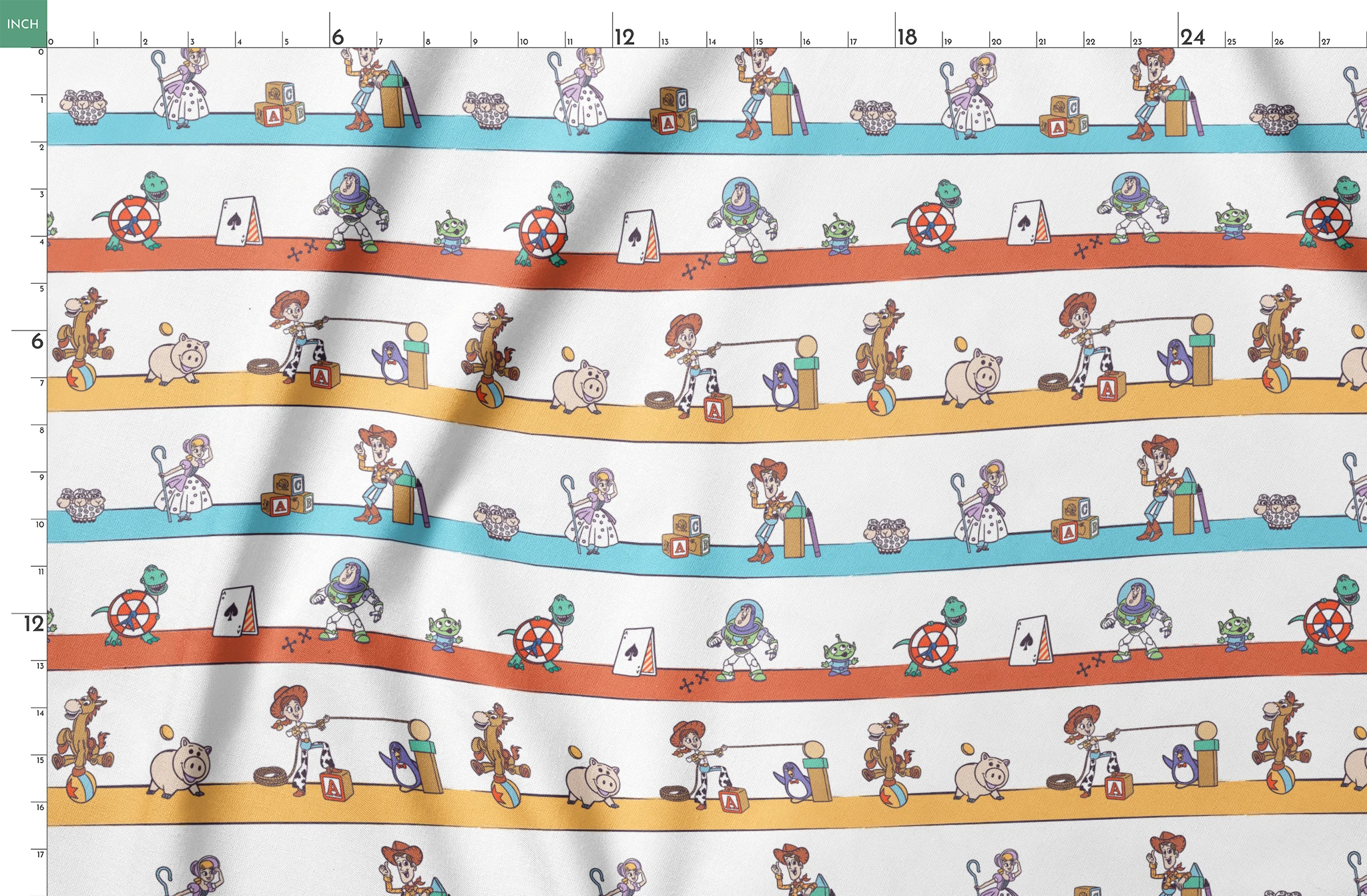 Cartoon illustration of three rows showing different Toy Story characters in action - Woody, Buzzlightyear, Jessie, & more! springs fatquarter mockup