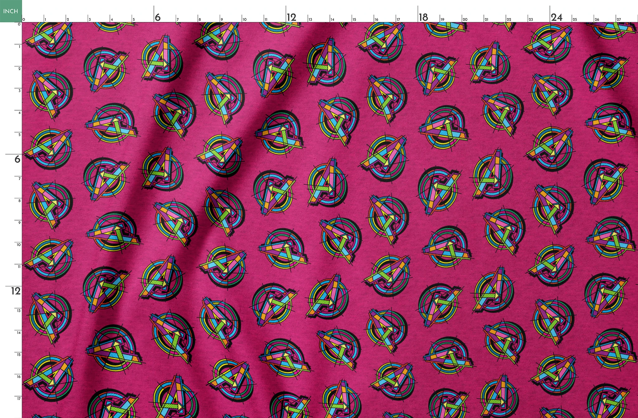 Vibrant Avengers pattern in neon colors on magenta background springs fatquarter mockup