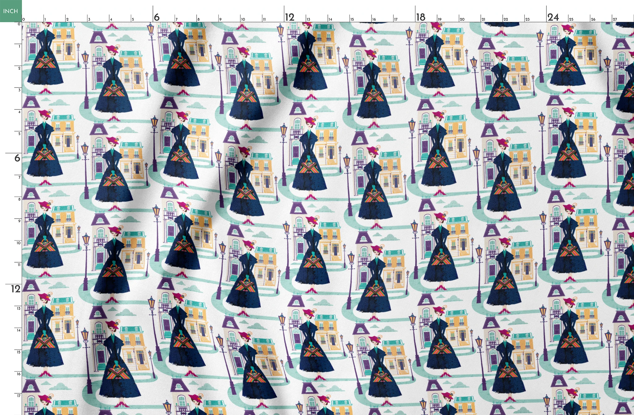 Illustrated pattern of Mary Poppins, standing among pastel townhouses and streetlamps. springs fatquarter mockup