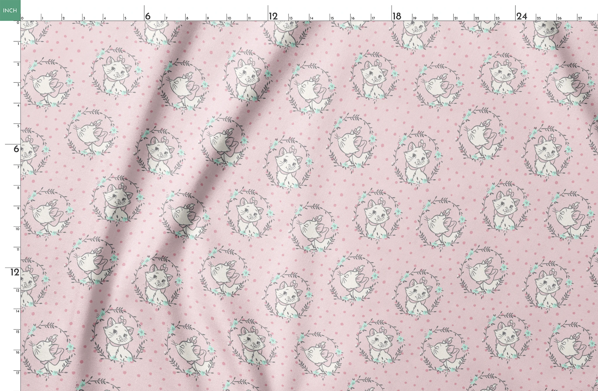 White cartoon cats in floral wreaths on pink polka dot background, seamless pattern springs fatquarter mockup