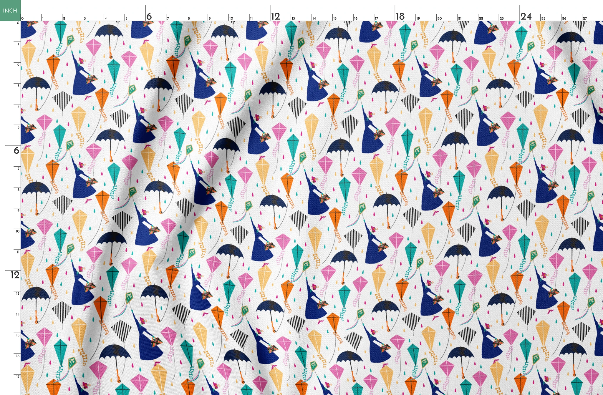 Colorful Mary Poppins pattern with umbrellas, featuring pink, orange, turquoise kites and navy umbrellas on white background springs fatquarter mockup