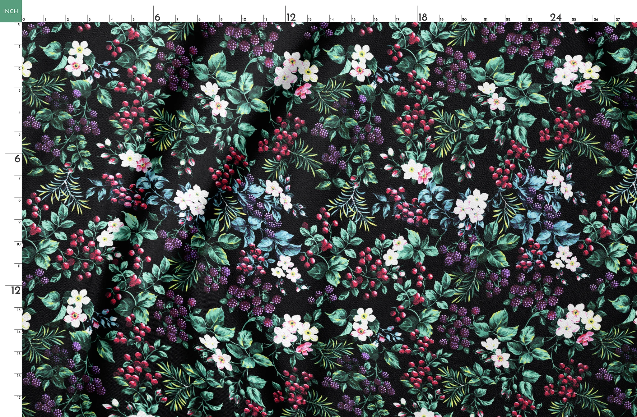 Colorful botanical pattern with white flowers, red cherries, purple blackberries, and green leaves on black background springs fatquarter mockup