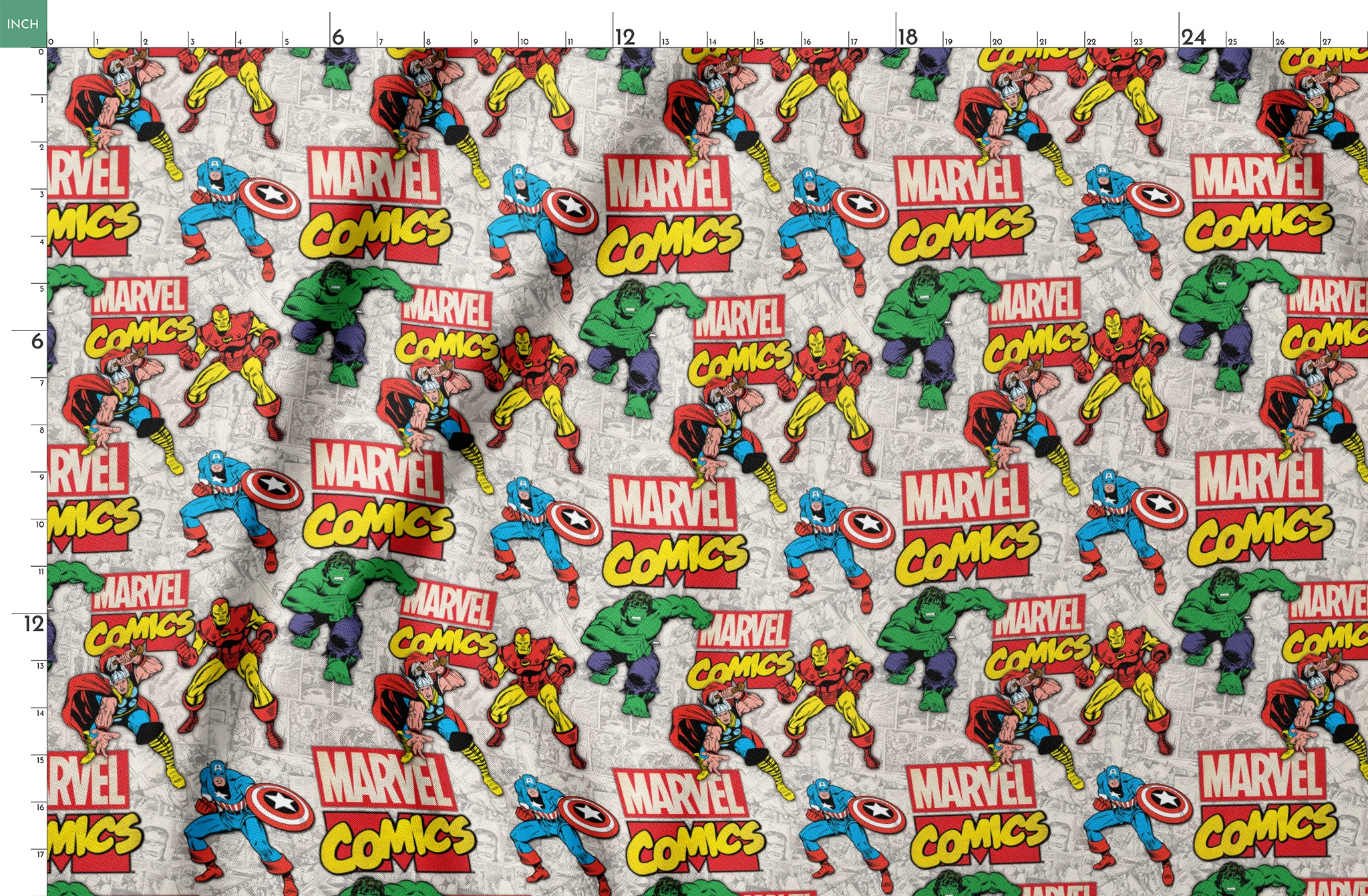 Marvel Comics collage pattern featuring iconic superheroes in action poses against comic book page background springs fatquarter mockup
