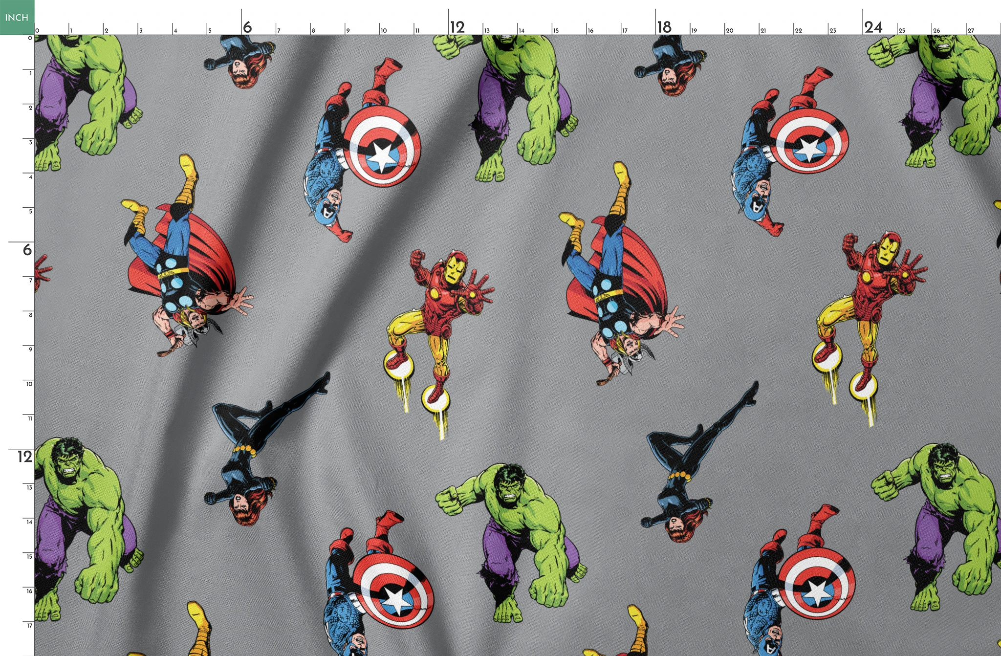Marvel superheroes pattern with Hulk, Thor, Captain America, and Iron Man on gray background springs fatquarter mockup