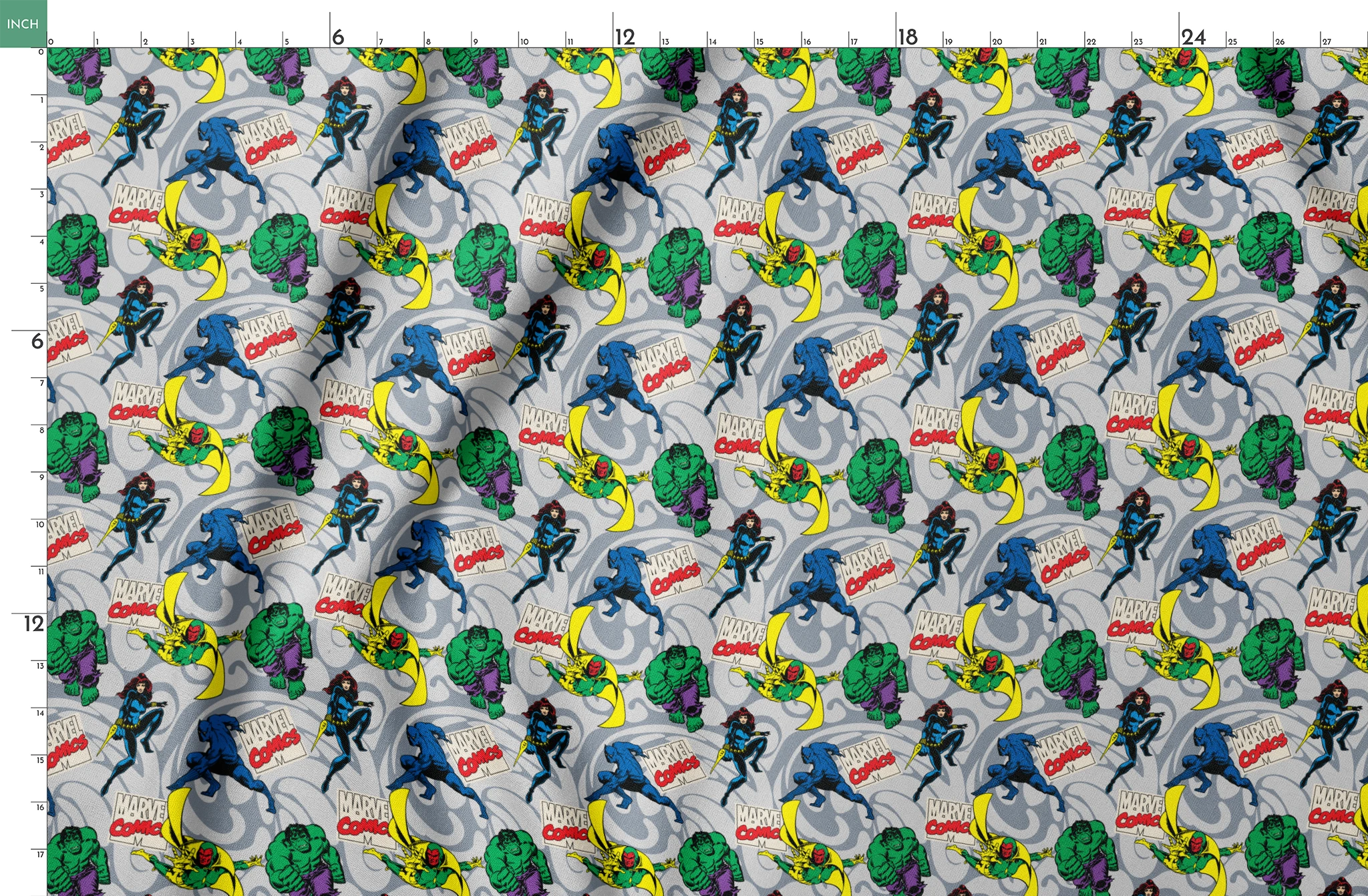 Marvel Comics characters including Hulk, Vision, and other superheroes on a gray background with Marvel Comics logos springs fatquarter mockup