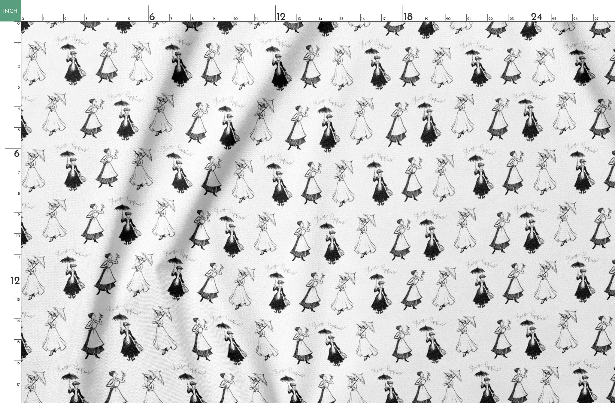 Sketchy illustration pattern of Mary Poppins, shown in various poses in black and white springs fatquarter mockup