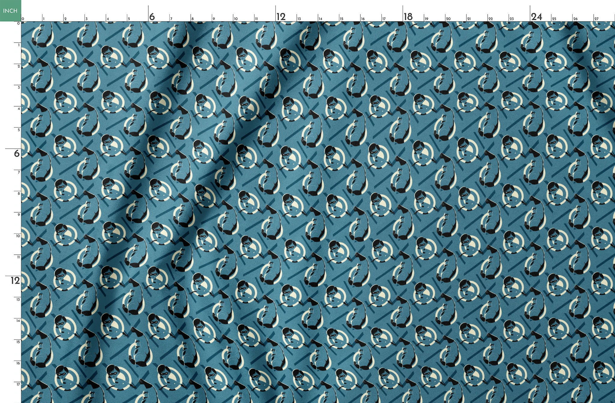 Stylized Mr. Incredible in blue and black with raised fist against geometric circular background springs fatquarter mockup