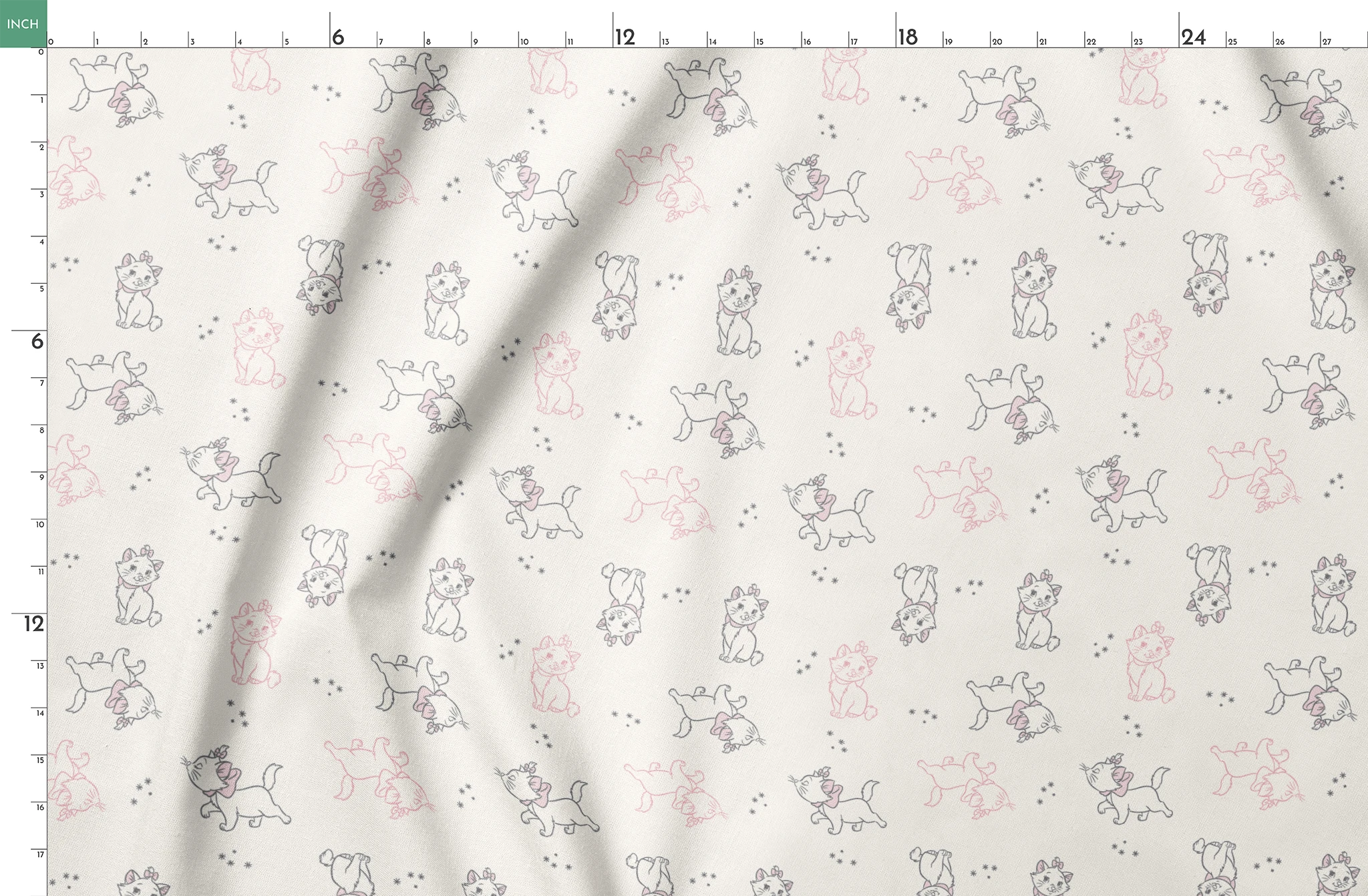 Line drawing pattern of Marie in pink and gray on cream background with small star accents springs fatquarter mockup