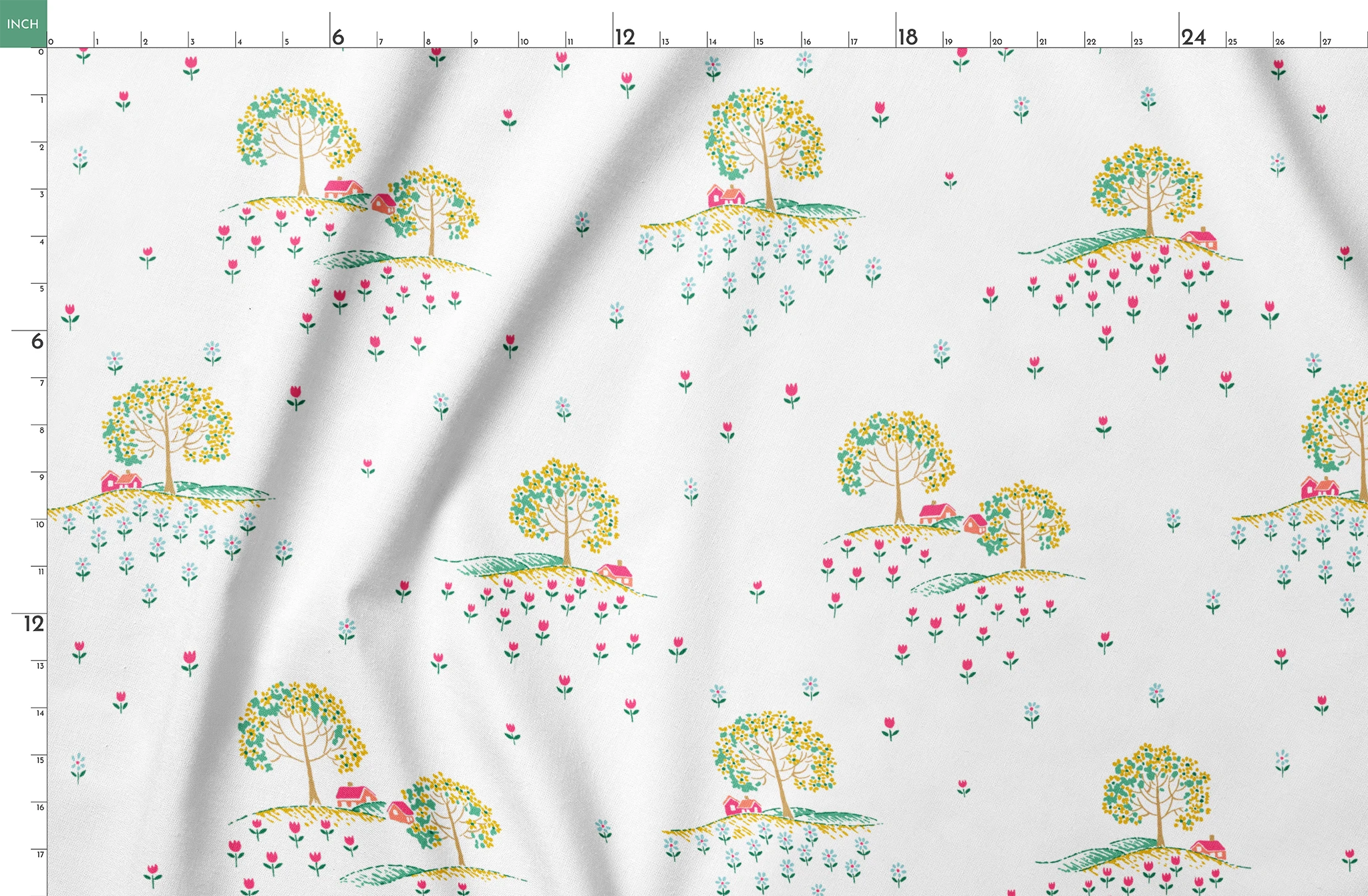 Whimsical pattern of colorful trees on small hills with scattered tiny flowers on a white background springs fatquarter mockup