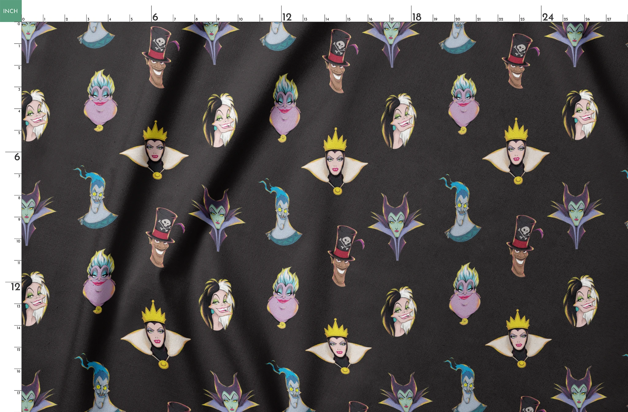 Illustrated Disney villain heads on black background including sea witch, evil queen, and others springs fatquarter mockup