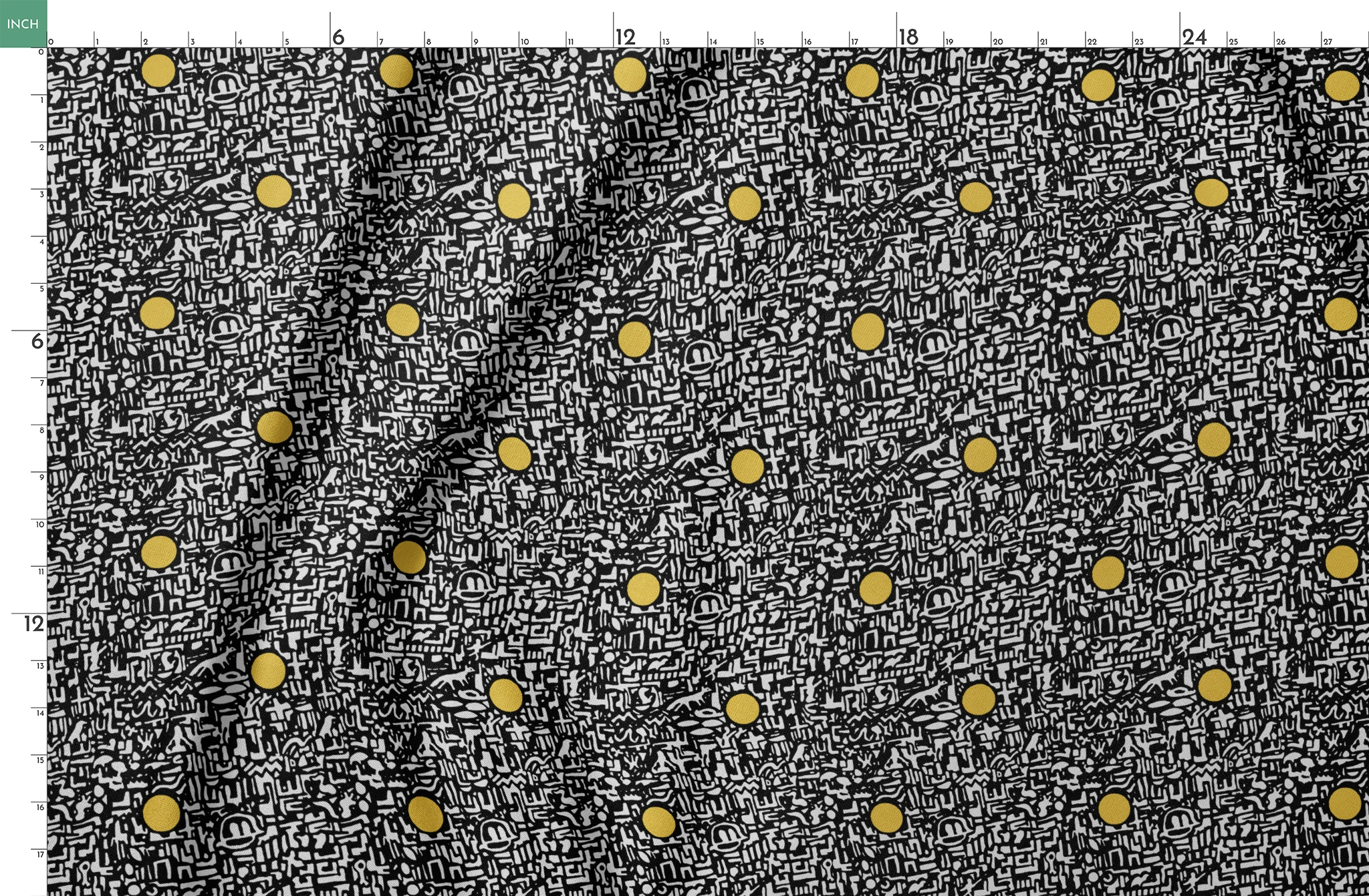 Abstract black and white maze pattern with scattered golden yellow dots arranged in a grid springs fatquarter mockup